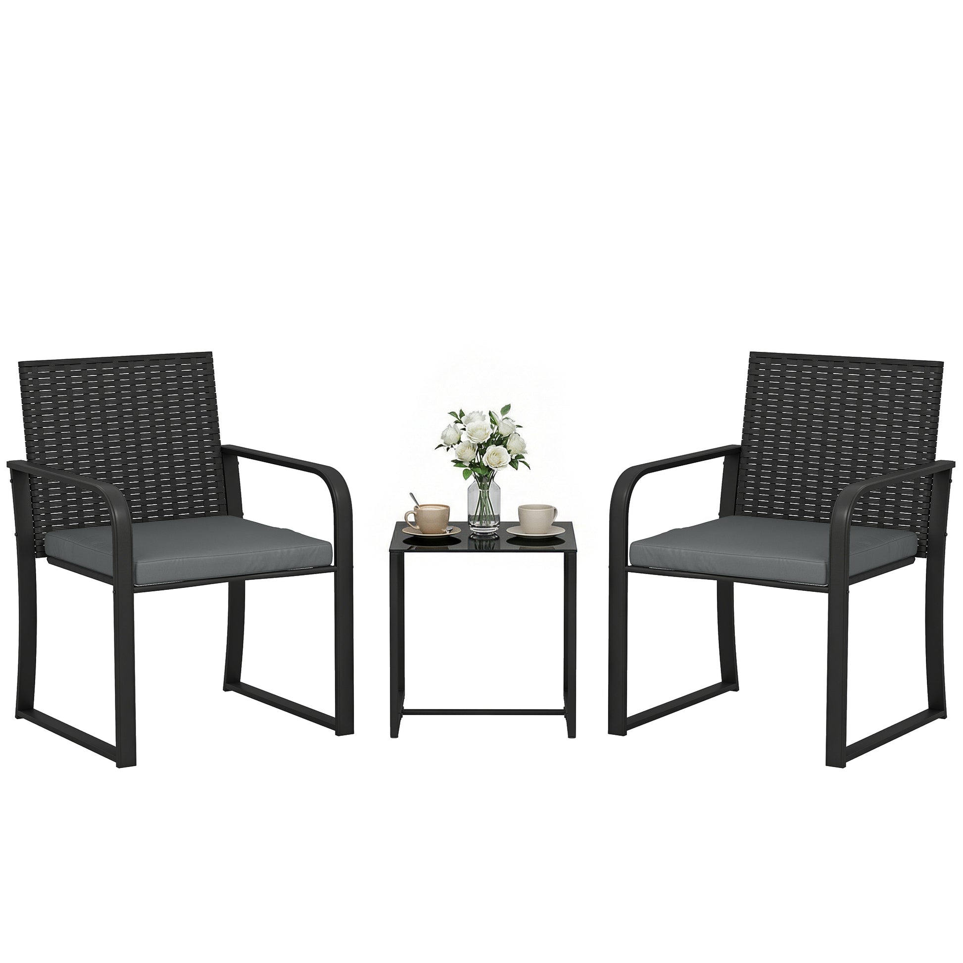 Outsunny Conjunto de Jardín Exterior de 3 Piezas, Muebles Jardín Exterior de Ratán con 2 Sillas con Cojines, Tela Textilene y Mesa de Vidrio Templado, Resistente a Intemperie, para Balcón, Patio, Gris