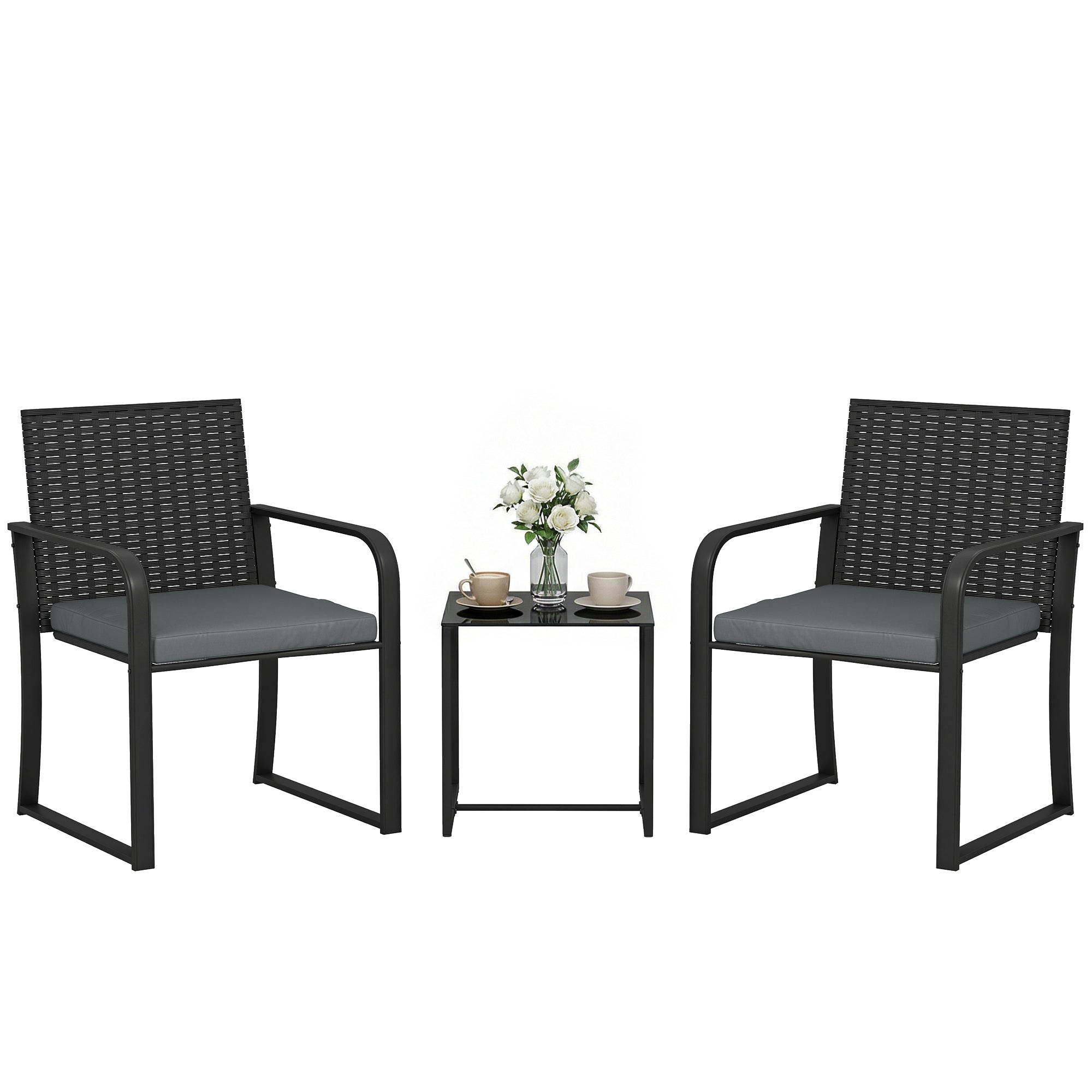 Outsunny Conjunto de Jardín Exterior de 3 Piezas, Muebles Jardín Exterior de Ratán con 2 Sillas con Cojines, Tela Textilene y Mesa de Vidrio Templado, Resistente a Intemperie, para Balcón, Patio, Gris