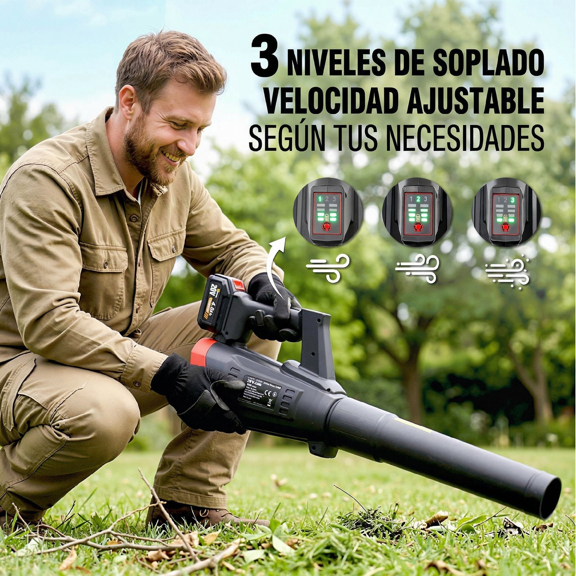 Outsunny Soplador de Hojas sin Cable 18V con 2 Baterías 4.0Ah y Cargador, Motor Sin Escobillas 600W, 3 Velocidades, Correa Hombro, 149 km/h, Soplador Batería Ligero para Hojas, Polvo, Nieve y Residuos
