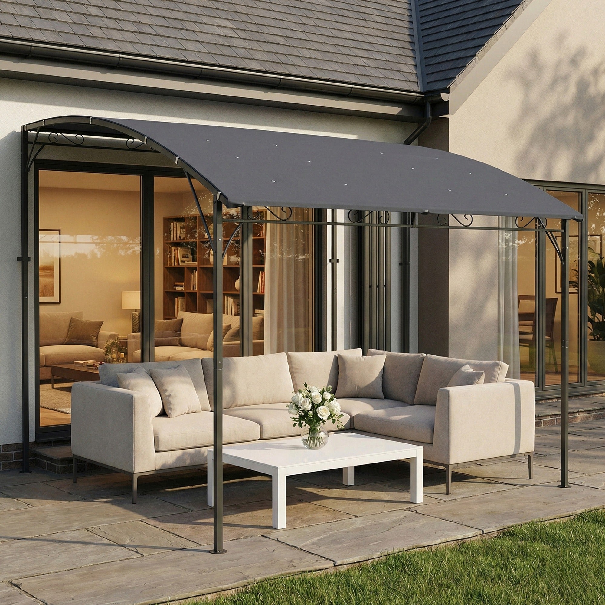 Outsunny Pérgola de Pared de Jardín 2,8x3,8 m, Cenador de Jardín con Techo Inclinado, Orificios de Drenaje y Estructura Metálica, Resistente a la Intemperie, para Patio, Terraza, Balcón, Gris