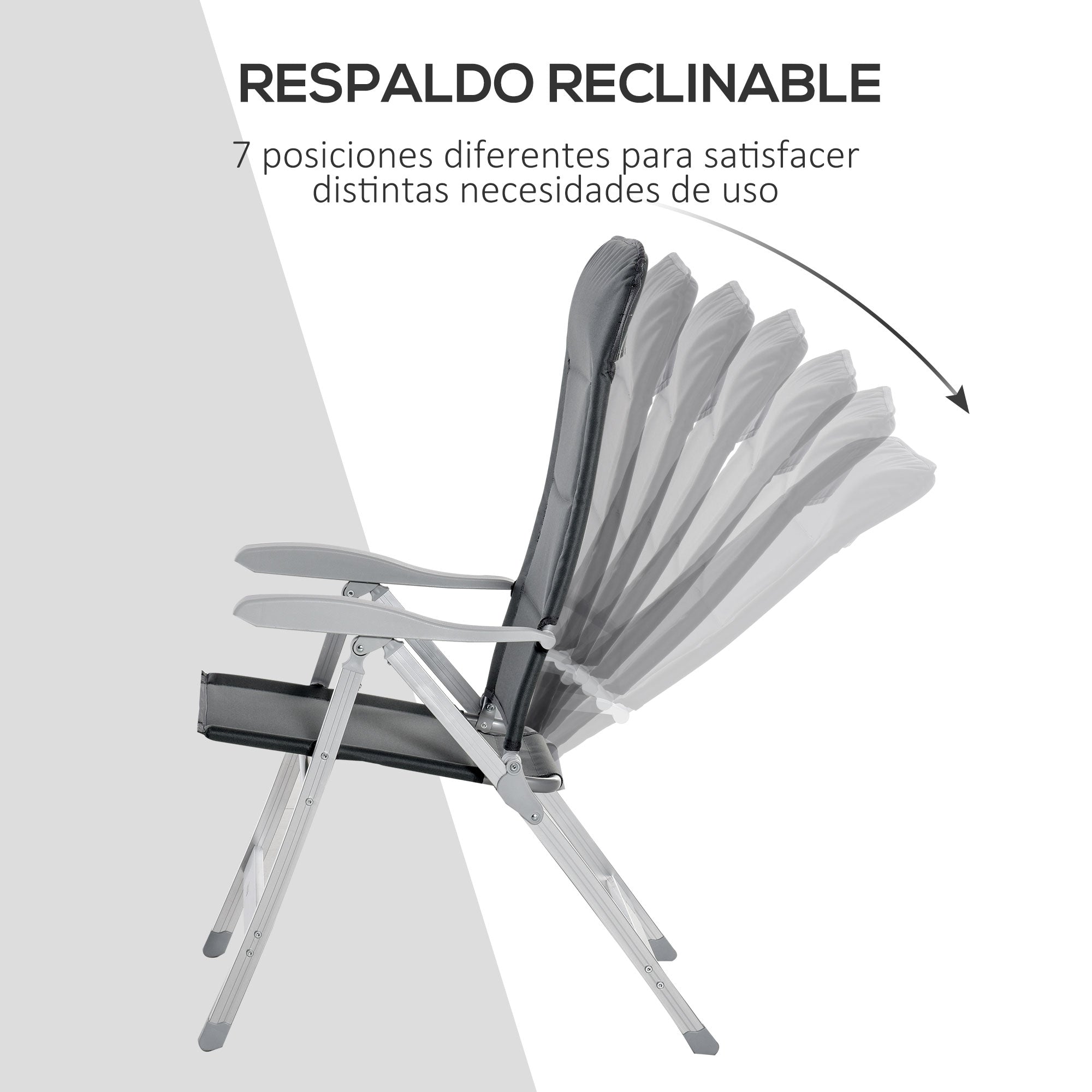 Outsunny Silla de Jardín Plegable Portátil de Aluminio con Respaldo Alto Ajustable en 7 Posiciones y Reposacabezas Acolchado para Exterior Terraza Camping 75x61,5x114,5 cm Gris