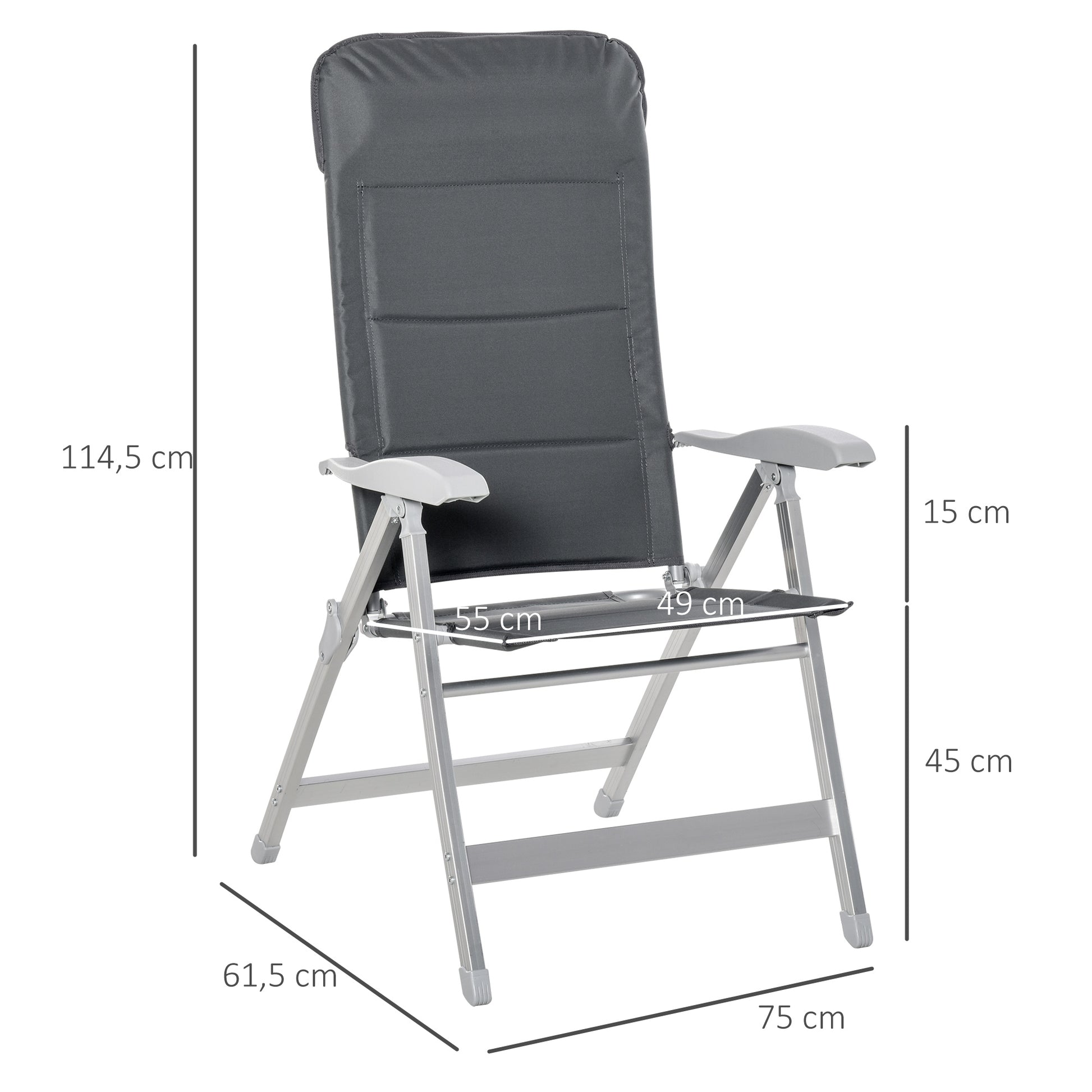 Outsunny Silla de Jardín Plegable Portátil de Aluminio con Respaldo Alto Ajustable en 7 Posiciones y Reposacabezas Acolchado para Exterior Terraza Camping 75x61,5x114,5 cm Gris