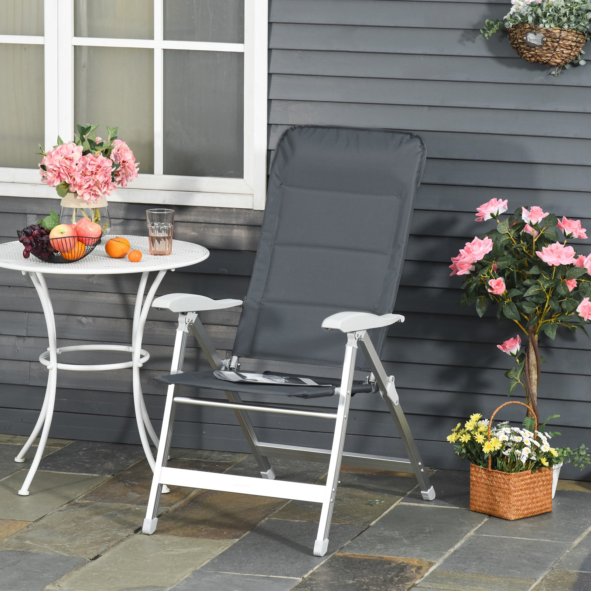 Outsunny Silla de Jardín Plegable Portátil de Aluminio con Respaldo Alto Ajustable en 7 Posiciones y Reposacabezas Acolchado para Exterior Terraza Camping 75x61,5x114,5 cm Gris
