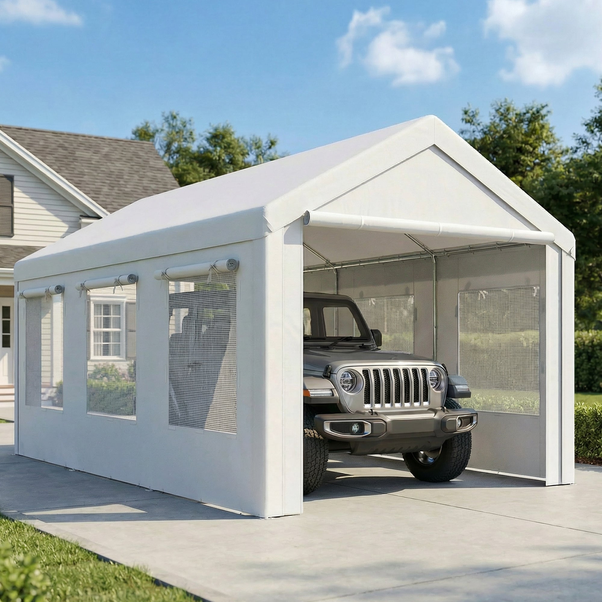 Outsunny Carpa Garaje Portátil 3x6 m Garaje Exterior para Coche Impermeable con 2 Puertas Enrollables y 6 Ventanas Malla Altura Ajustable Marco Acero Galvanizado UPF30+ Cobertizo de Almacenaje Blanco