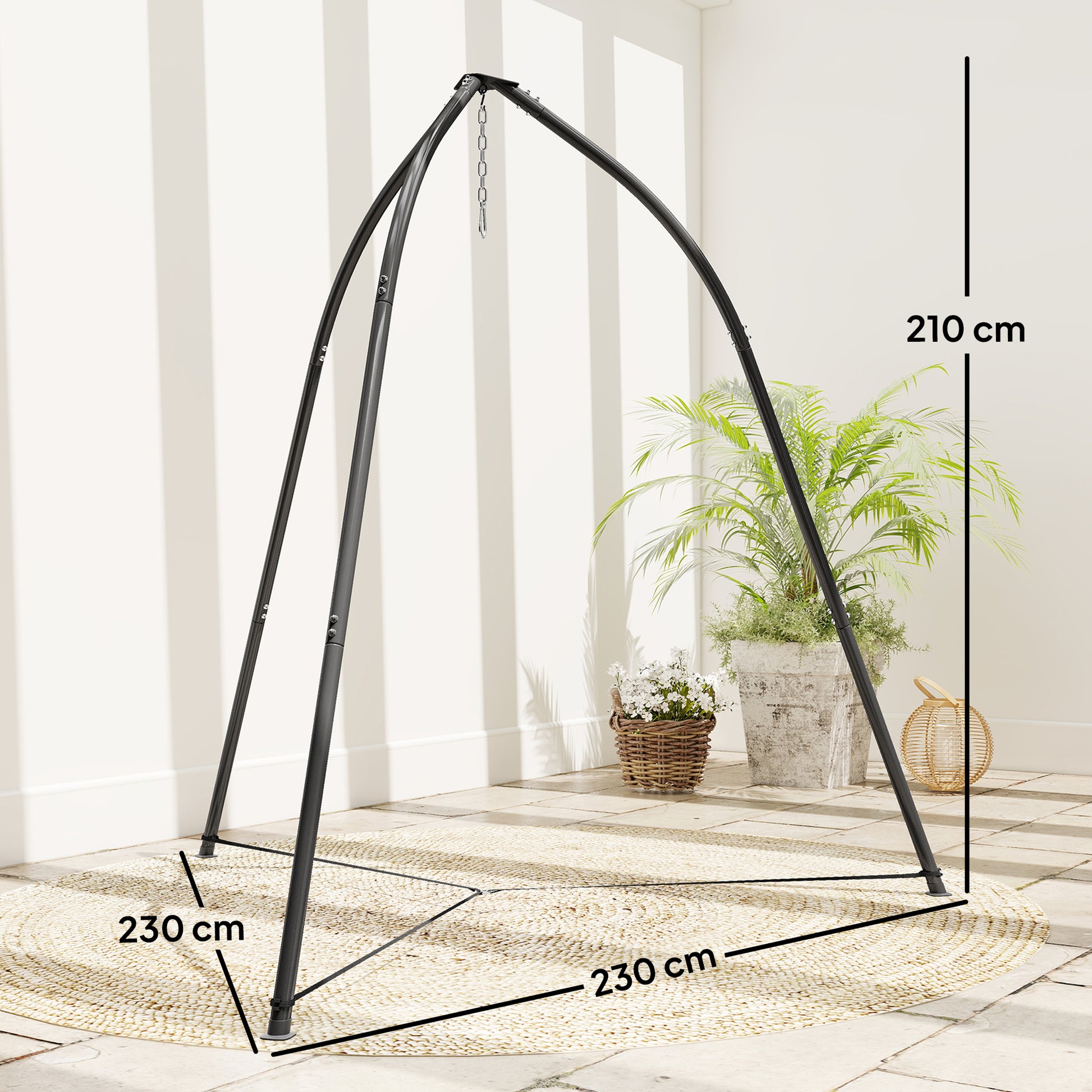 Outsunny Soporte para Silla Colgante Triangular Altura 210 cm, con Cadena Ajustable, Base Estable, Resistente a la Intemperie, Estructura de Silla Colgante para Patio, Jardín, Carga 150 kg, Negro