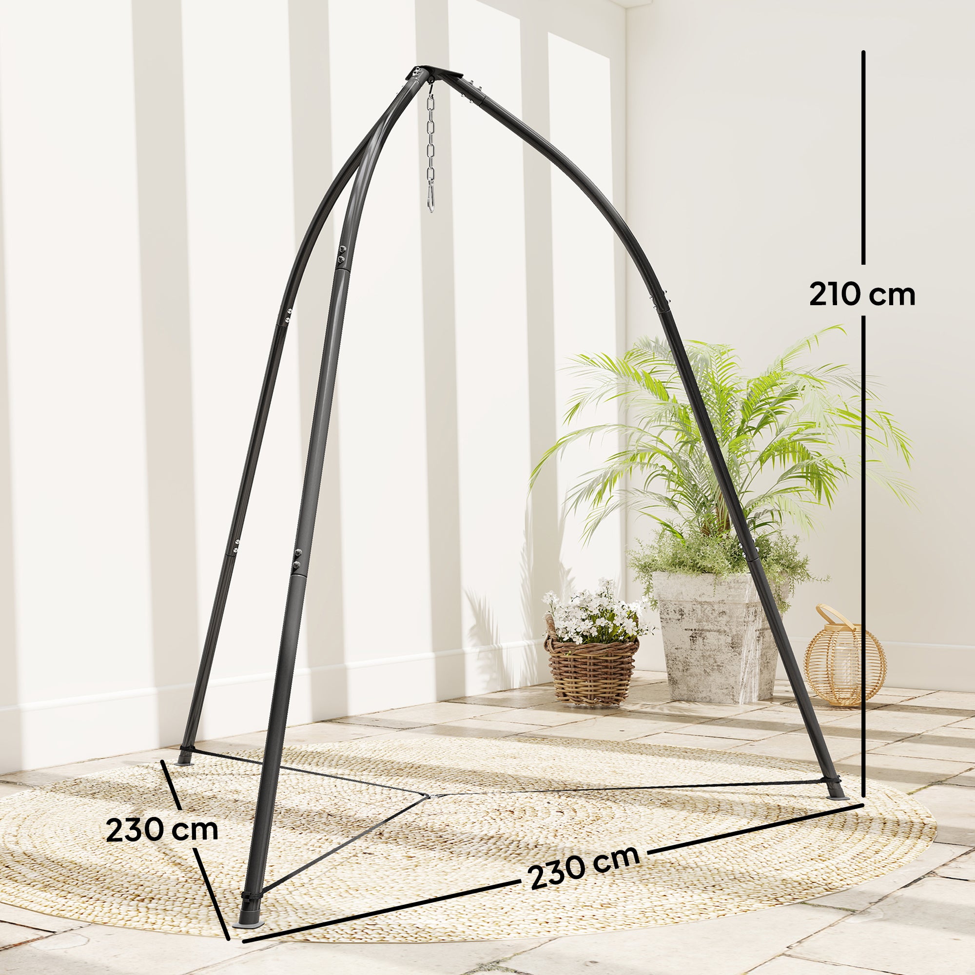 Outsunny Soporte para Silla Colgante Triangular Altura 210 cm, con Cadena Ajustable, Base Estable, Resistente a la Intemperie, Estructura de Silla Colgante para Patio, Jardín, Carga 150 kg, Negro