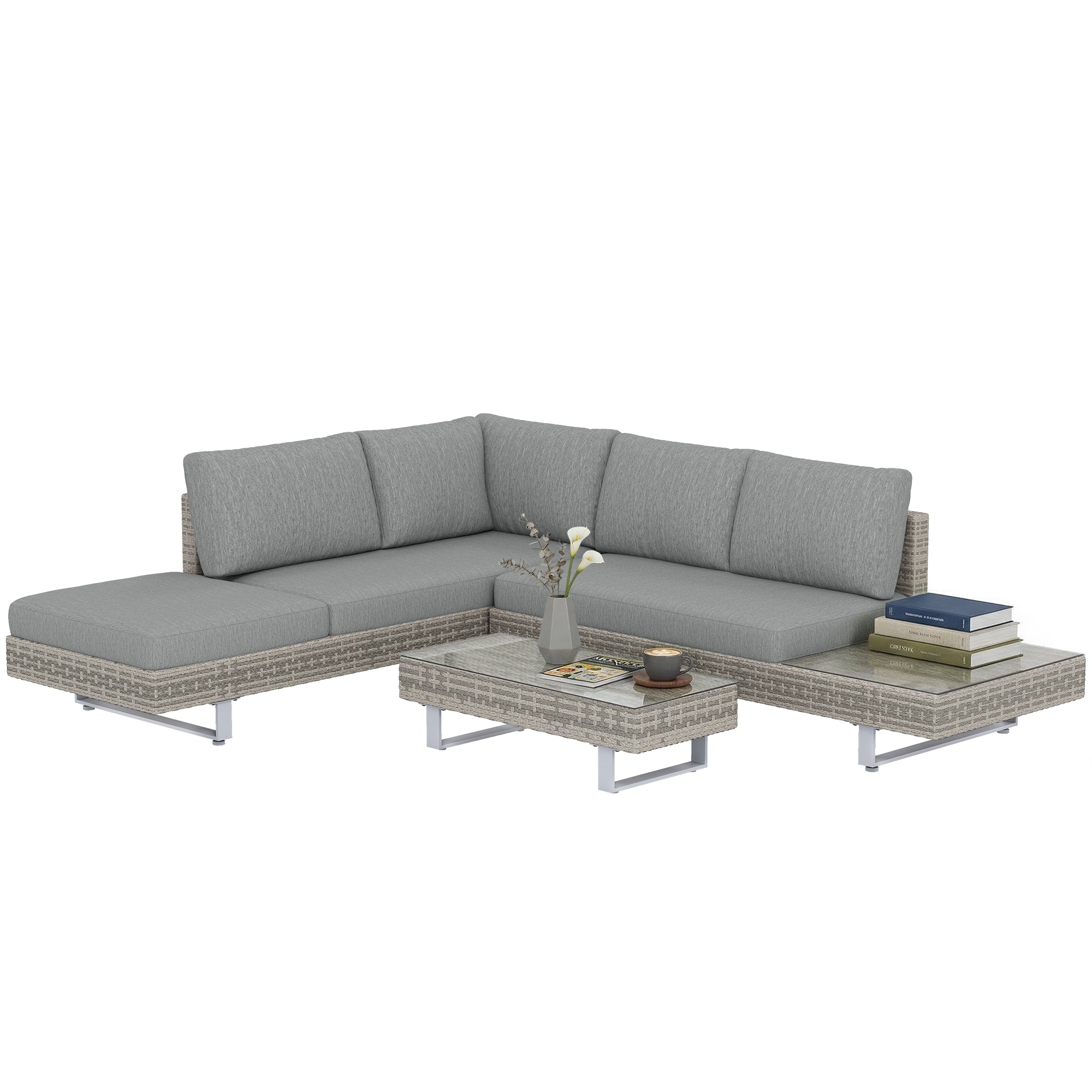Outsunny Conjunto de Jardín de Ratán de 3 Piezas, Conjunto Terraza Resistente, Muebles Jardín Exterior Incluye Cojines, Sofá de 3 Plazas, Sofá de 2 Plazas con Mesa Lateral, Mesa Centro de Vidrio Gris