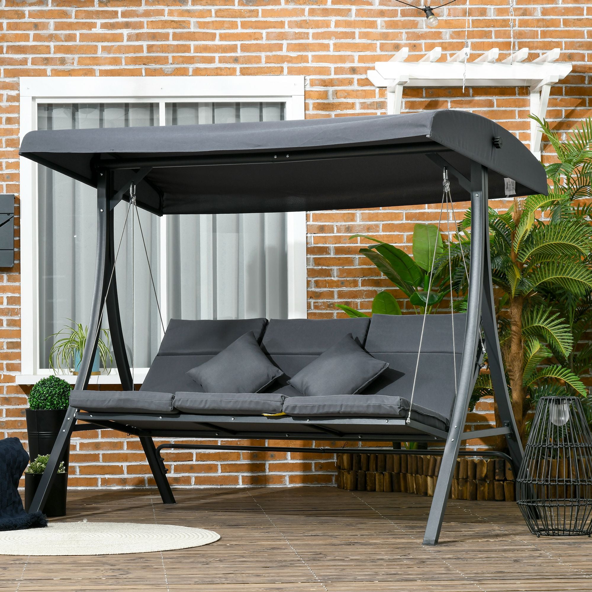 Outsunny Columpio de Jardín Exterior de 3 Plazas, Balancín de Jardín Exterior con Techo Ajustable Cojines, Almohadas y Estructura de Acero, para Terraza, Patio, Carga 320 kg, 202x115x168 cm, Gris