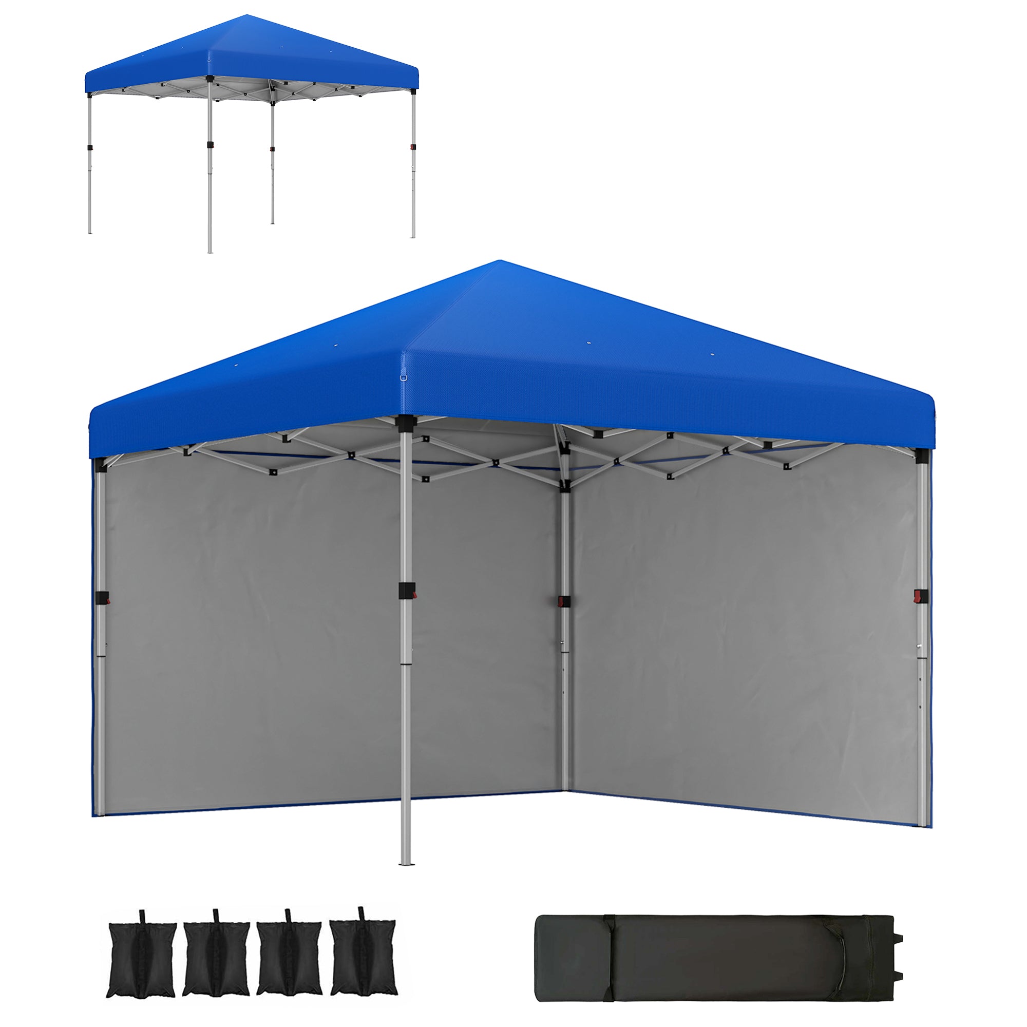 Outsunny Carpa Plegable Pop-up Gazebo 3x3 m Cenador Plegable con 2 Paredes Laterales Anti-UV Altura Ajustable en 3 Niveles Sacos de Arena y Bolsa de Transporte con Ruedas para Camping Fiestas Azul
