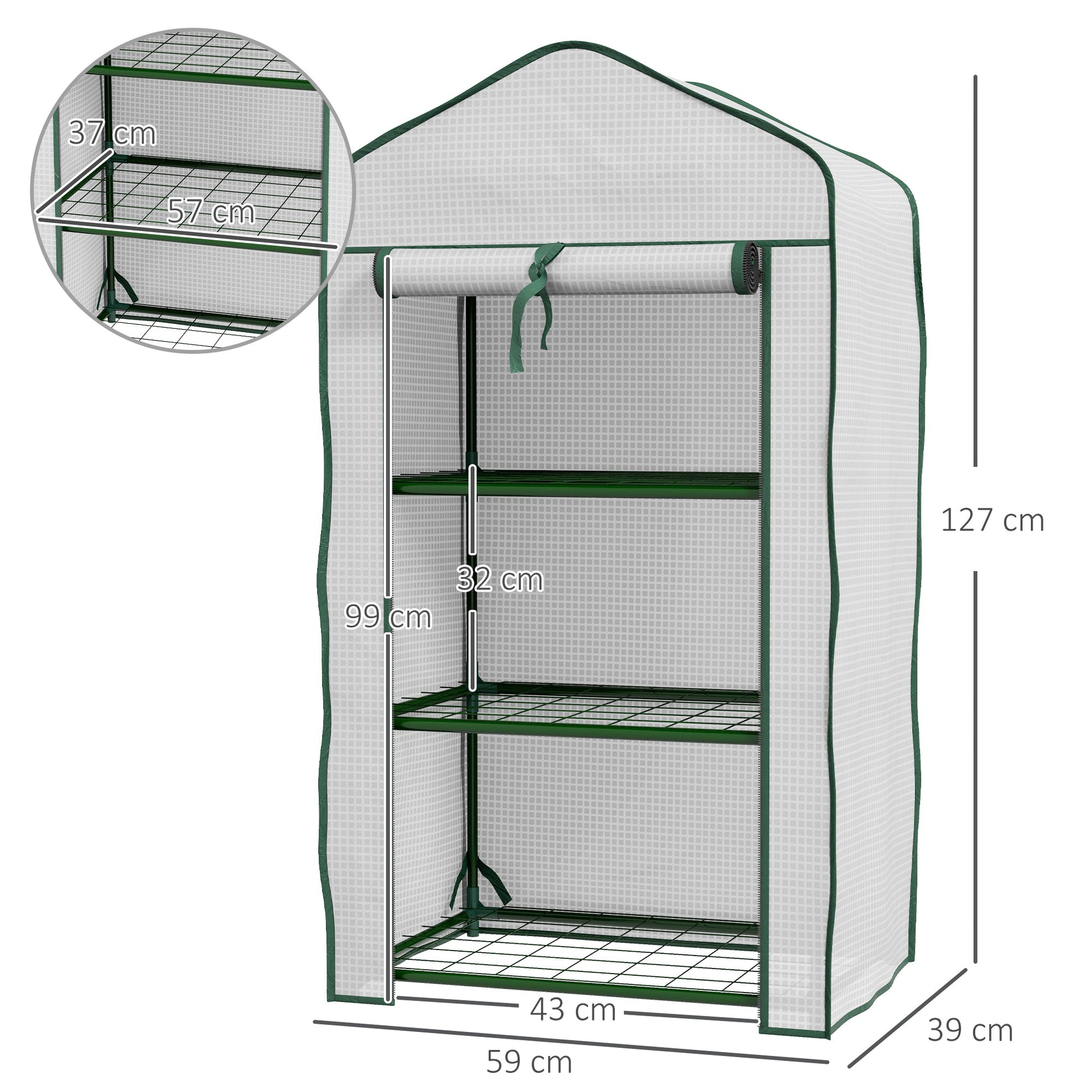 Outsunny Invernadero de Jardín de 3 Niveles Invernadero de Terraza con 3 Estantes 1 Puerta con Cremallera para Cultivo de Plantas Flores Verduras 59x39x127 cm Blanco