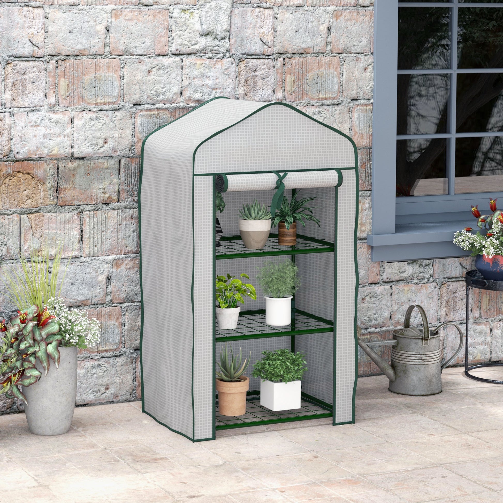 Outsunny Invernadero de Jardín de 3 Niveles Invernadero de Terraza con 3 Estantes 1 Puerta con Cremallera para Cultivo de Plantas Flores Verduras 59x39x127 cm Blanco