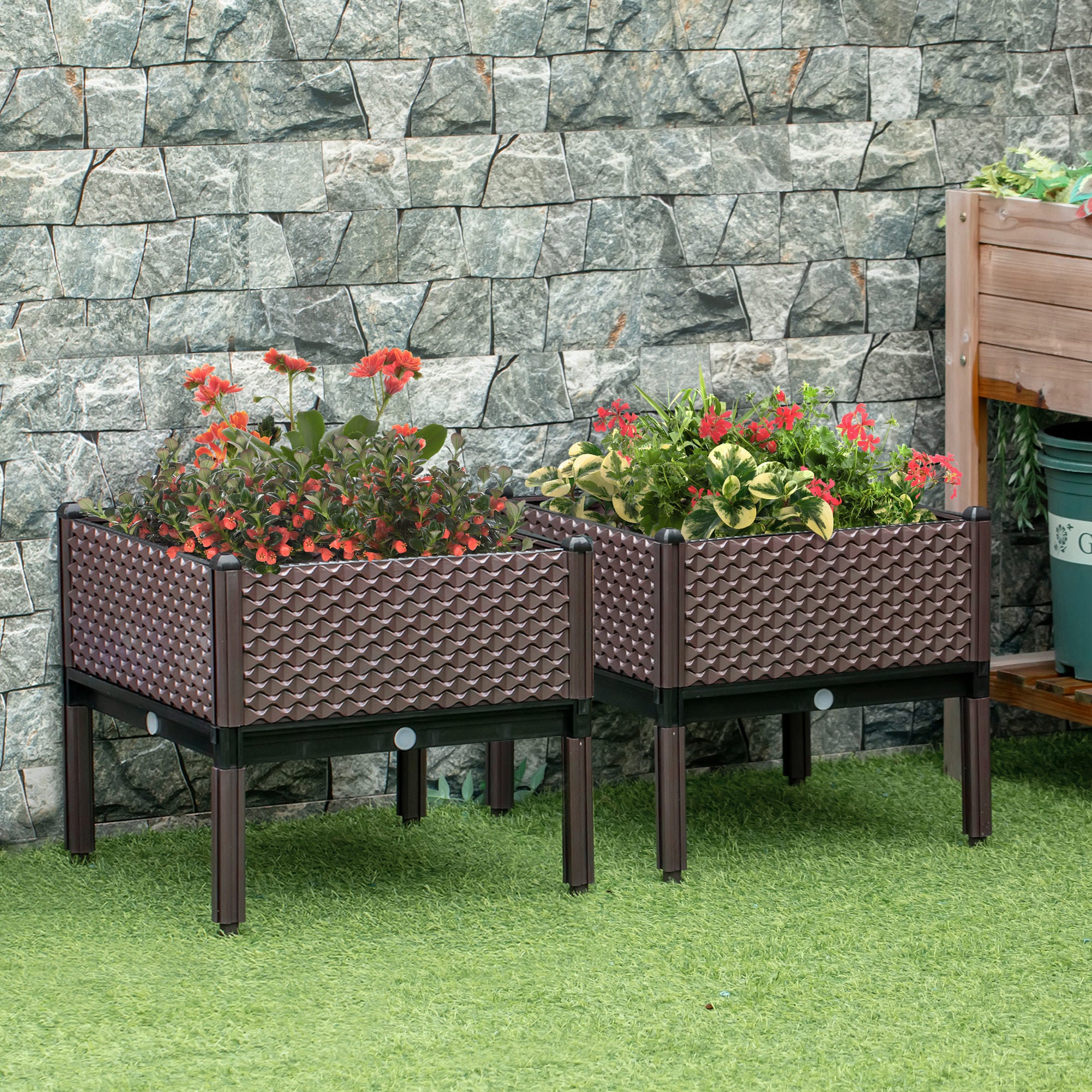 Outsunny Juego de 2 Jardineras de Exterior Jardineras Cuadradas Elevadas Combinación Libre Maceteros para Jardín Patio 50x50x46,5 cm Marrón