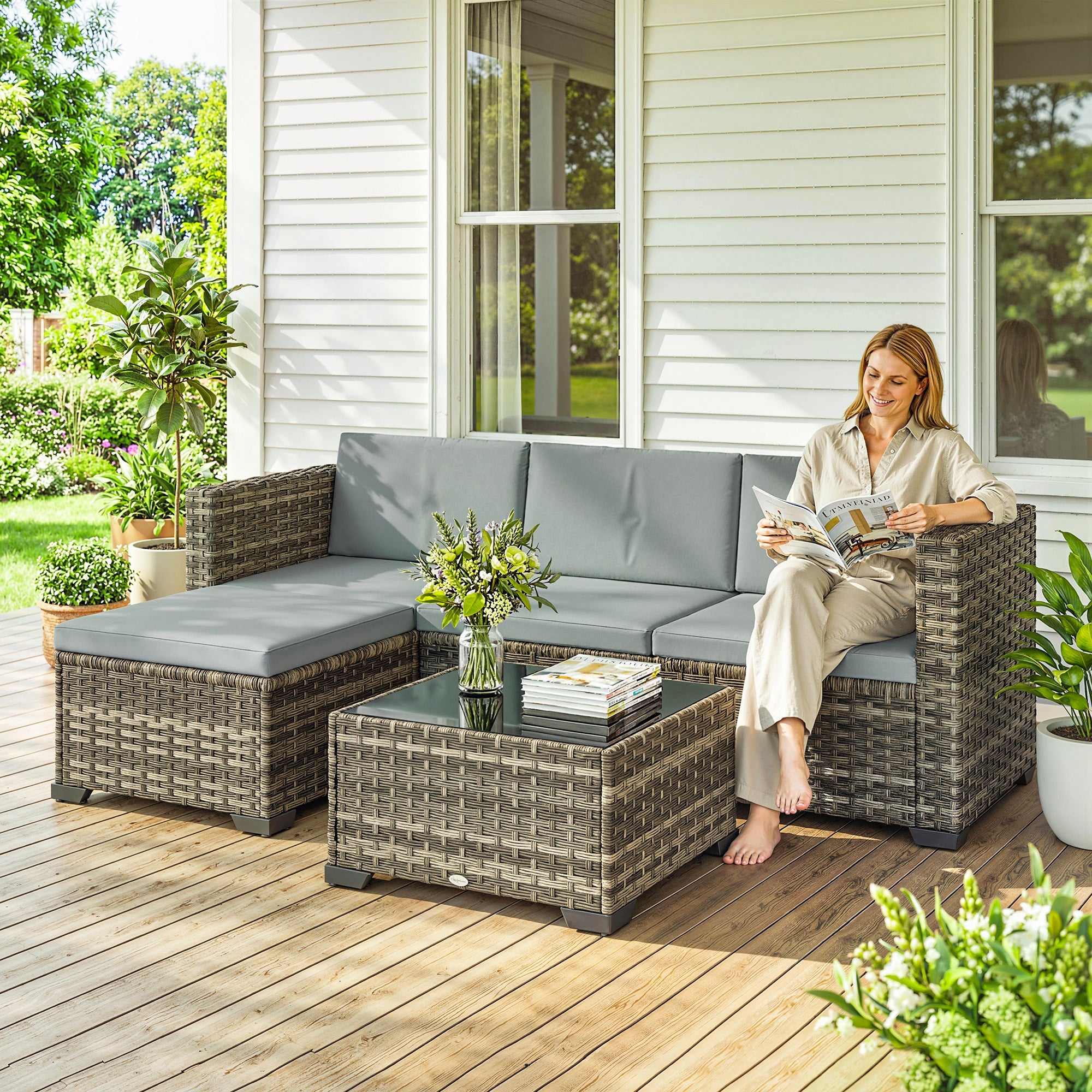 Outsunny Conjunto de Jardín de Ratán de 5 Piezas, Conjunto Terraza Resistente, Muebles Jardín Exterior Incluye Cojines, 2 Sillones de Esquina, Sillón sin Brazos, Reposapiés y Mesa Centro, Gris Claro