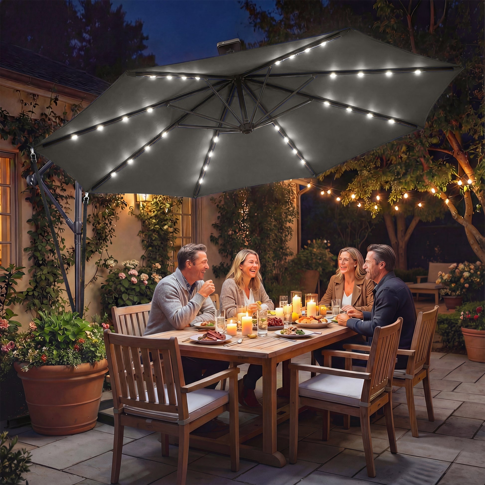 Outsunny Parasol Excéntrico con Luces LED Solares, Ø345 cm, Sombrilla de Jardín de Aluminio con Base Cruzada, Manivela, Funda Protectora, Cuerdas de Viento, UPF50+, para Terraza, Patio, Gris Oscuro