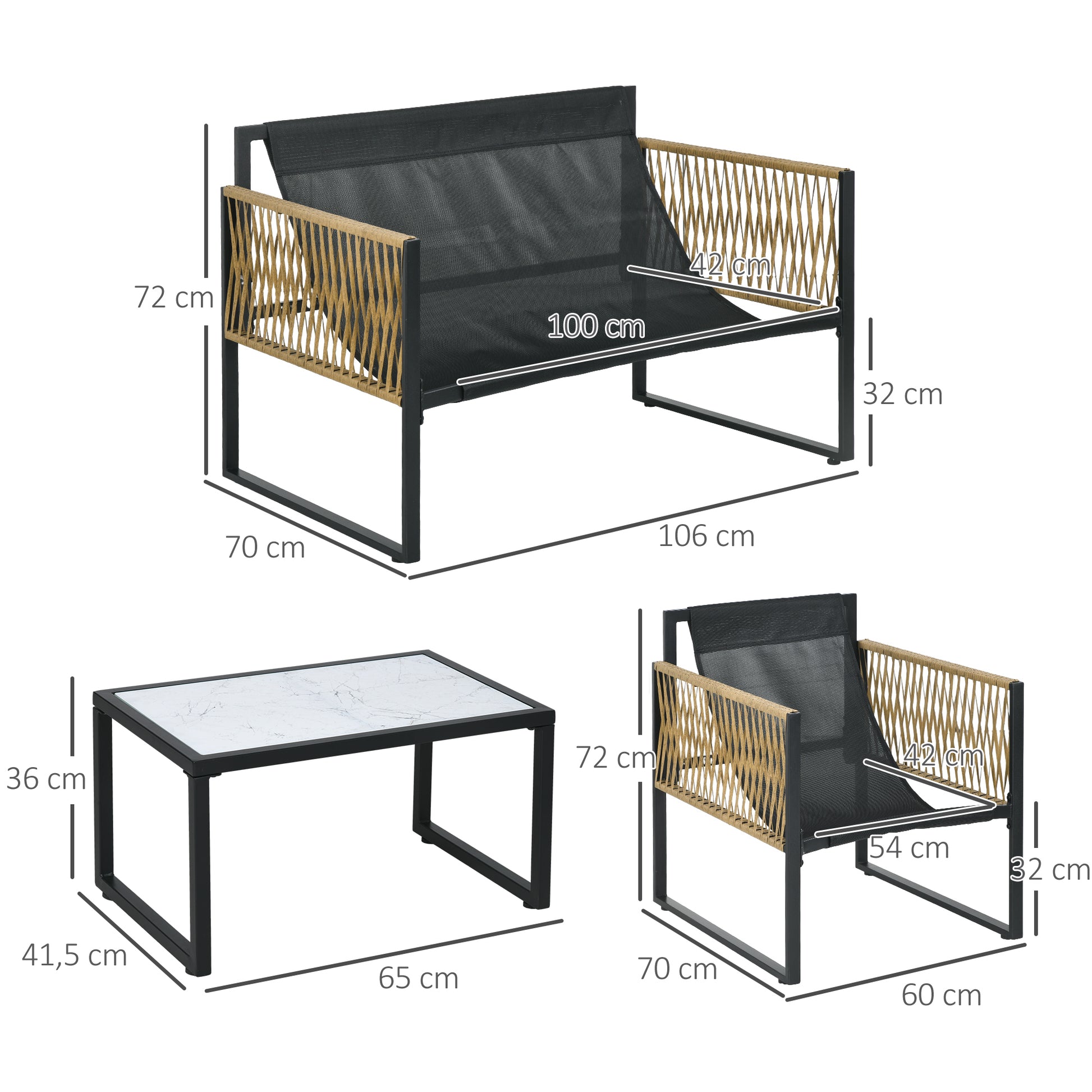 Outsunny Conjunto Jardín Exterior de Ratán, Muebles Jardín Exterior para 4 Piezas, Muebles Terraza con 1 Sofá de 2 Plazas, 2 Sillones, Cojines y 1 Mesa de Tablero de Vidrio, para Patio, Crema y Marrón