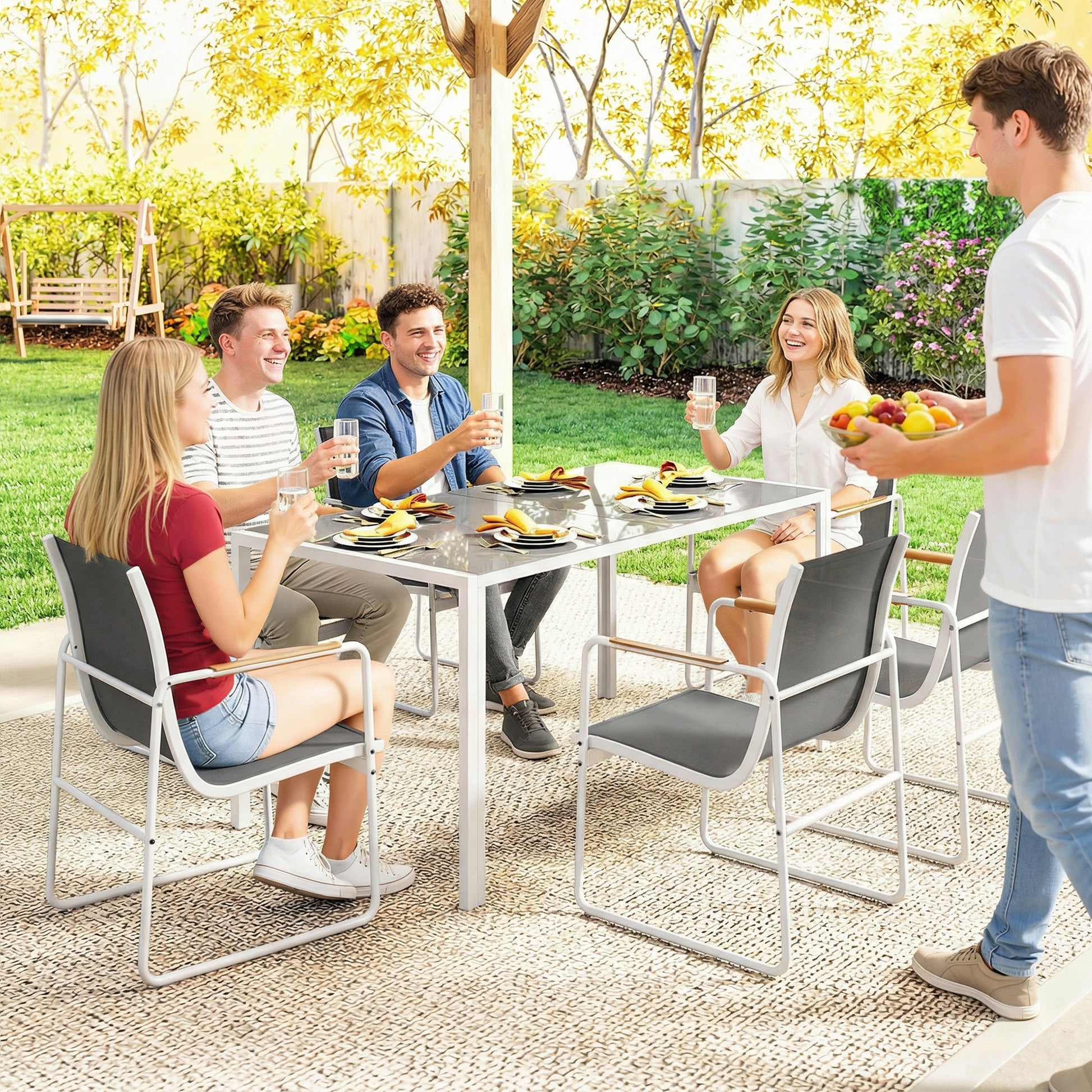 Outsunny Conjunto de Mesa y Sillas Jardín de 7 Piezas, Muebles Jardín Exterior con Mesa de Vidrio Templado, 6 Sillas Transpirables Decorativas, Marco de Acero Resistente a la Intemperie, Blanco y Gris