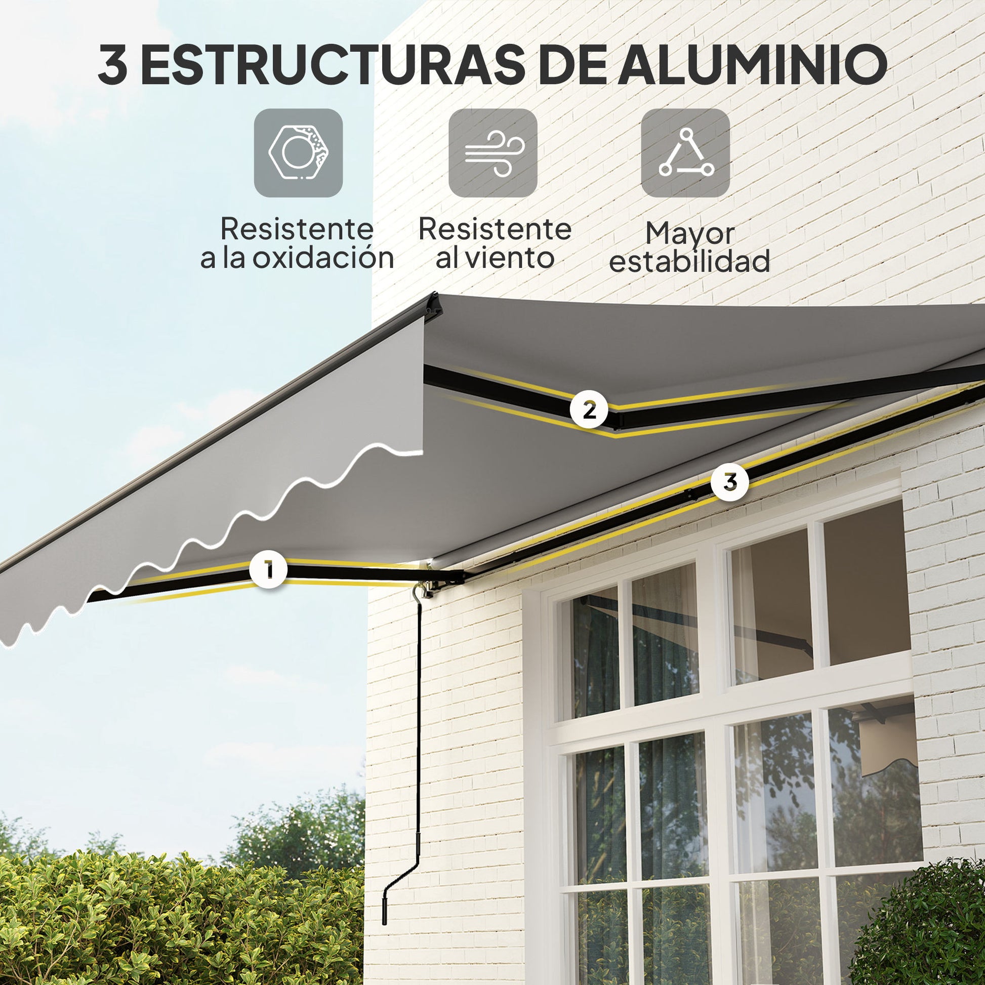 Outsunny Toldo Manual Retráctil 360x220 cm Toldo para Balcón con Manivela de Aluminio 3 Brazos y Protección UV30+ Toldo Enrollable de Exterior para Jardín Terraza Ventanas Gris