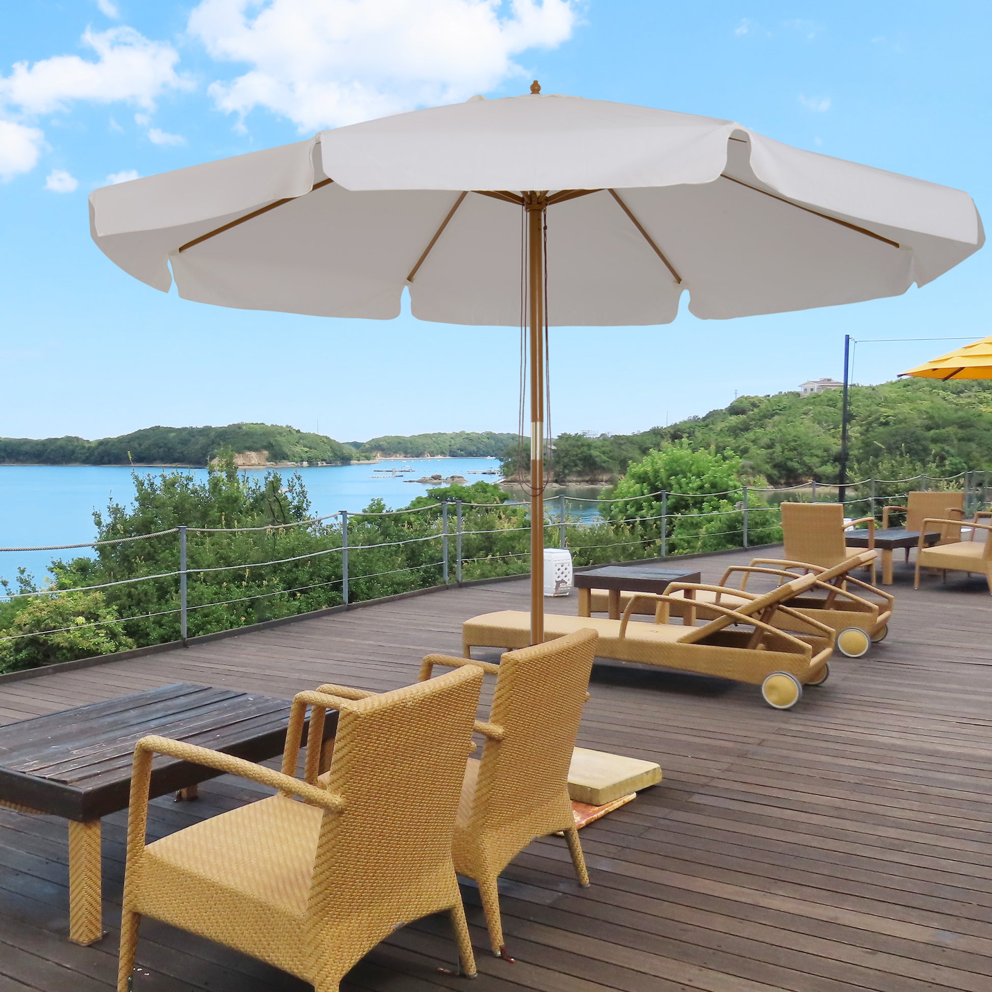 Outsunny Sombrilla Terraza Exterior Ø325 cm Sombrilla de Jardín con Sistema de Polea Techo Ventilado 8 Varillas de Bambú y Poste de Madera Parasol para Patio Terraza Beige