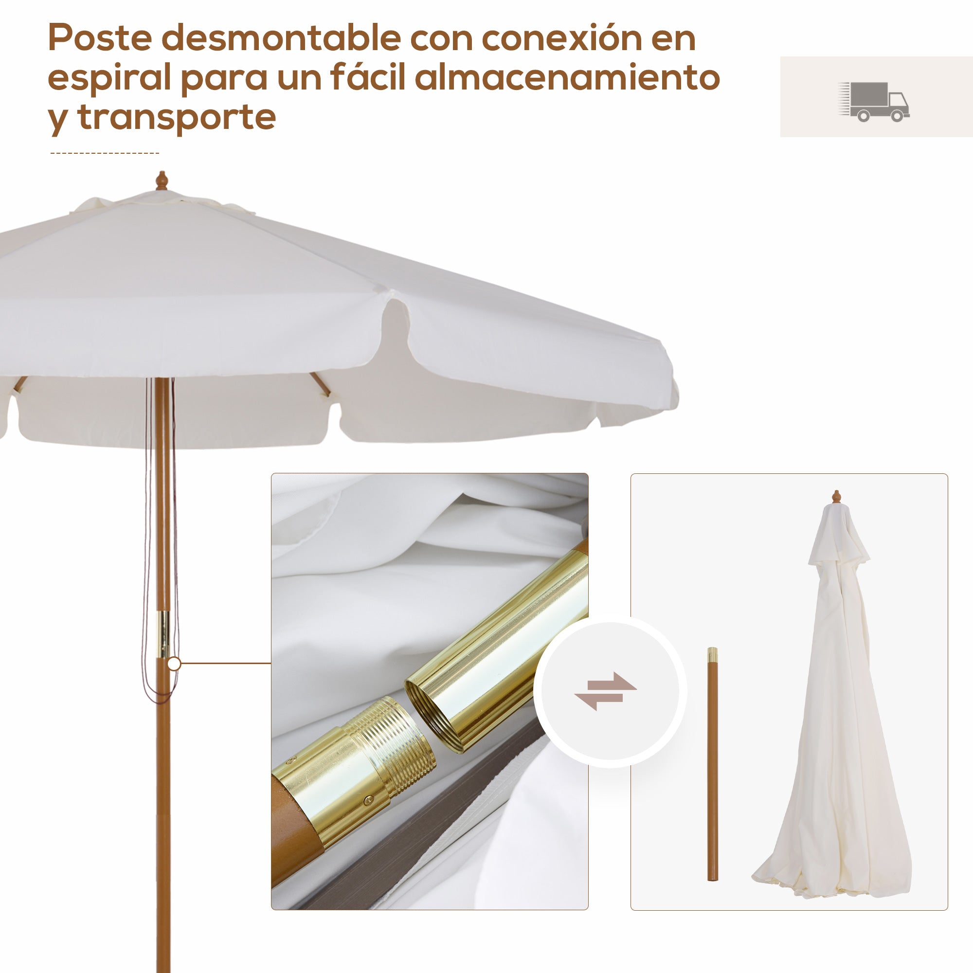 Outsunny Sombrilla Terraza Exterior Ø325 cm Sombrilla de Jardín con Sistema de Polea Techo Ventilado 8 Varillas de Bambú y Poste de Madera Parasol para Patio Terraza Beige