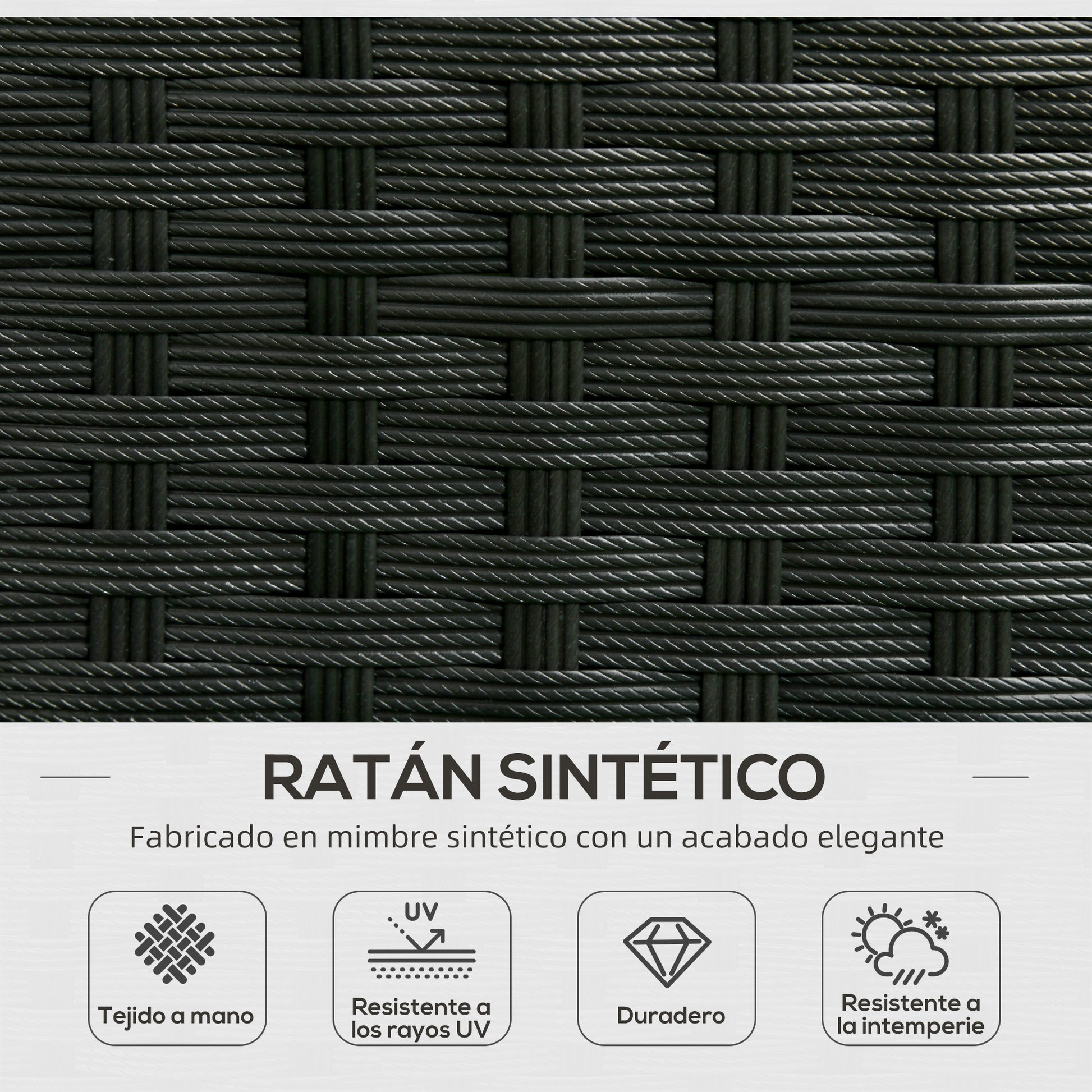 Outsunny Conjunto de Muebles de Ratán de Jardín 3 Piezas Muebles de Ratán Exterior Sofá de 3 Plazas con Cojines Acolchados Mesa de Centro con Tablero de Vidrio Templado y Reposapiés Anti-UV Negro