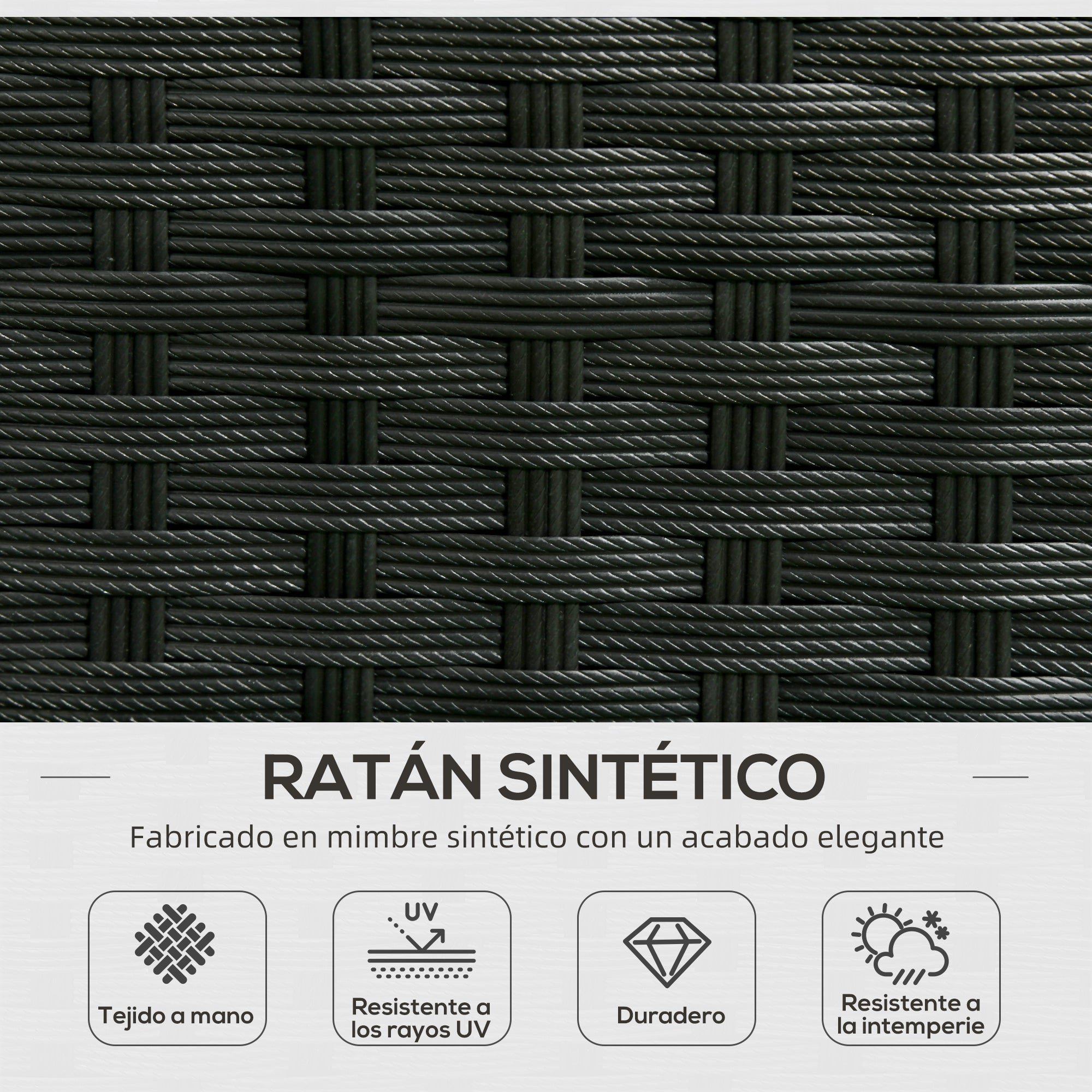 Outsunny Conjunto de Muebles de Ratán de Jardín 3 Piezas Muebles de Ratán Exterior Sofá de 3 Plazas con Cojines Acolchados Mesa de Centro con Tablero de Vidrio Templado y Reposapiés Anti-UV Negro