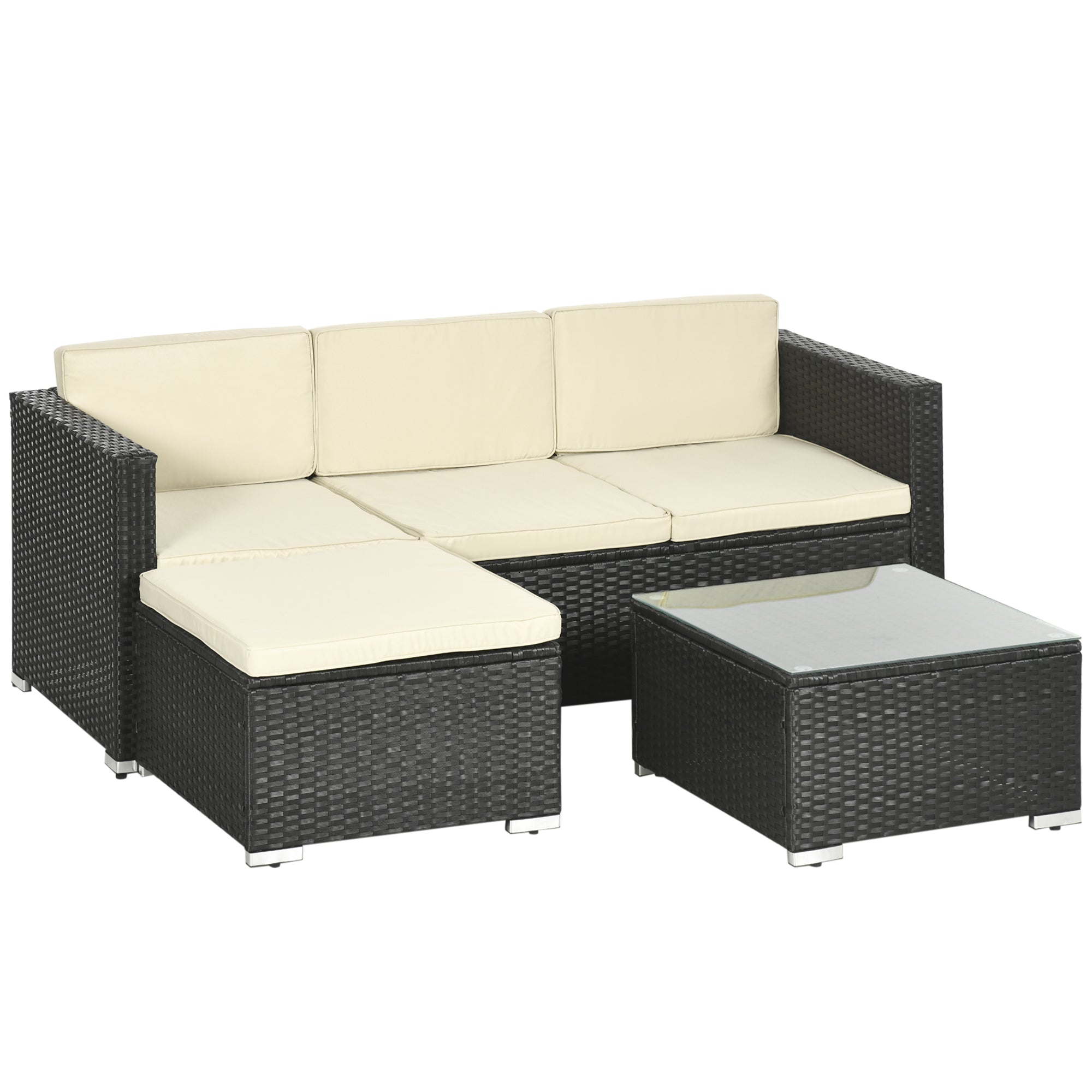 Outsunny Conjunto de Muebles de Ratán de Jardín 3 Piezas Muebles de Ratán Exterior Sofá de 3 Plazas con Cojines Acolchados Mesa de Centro con Tablero de Vidrio Templado y Reposapiés Anti-UV Negro