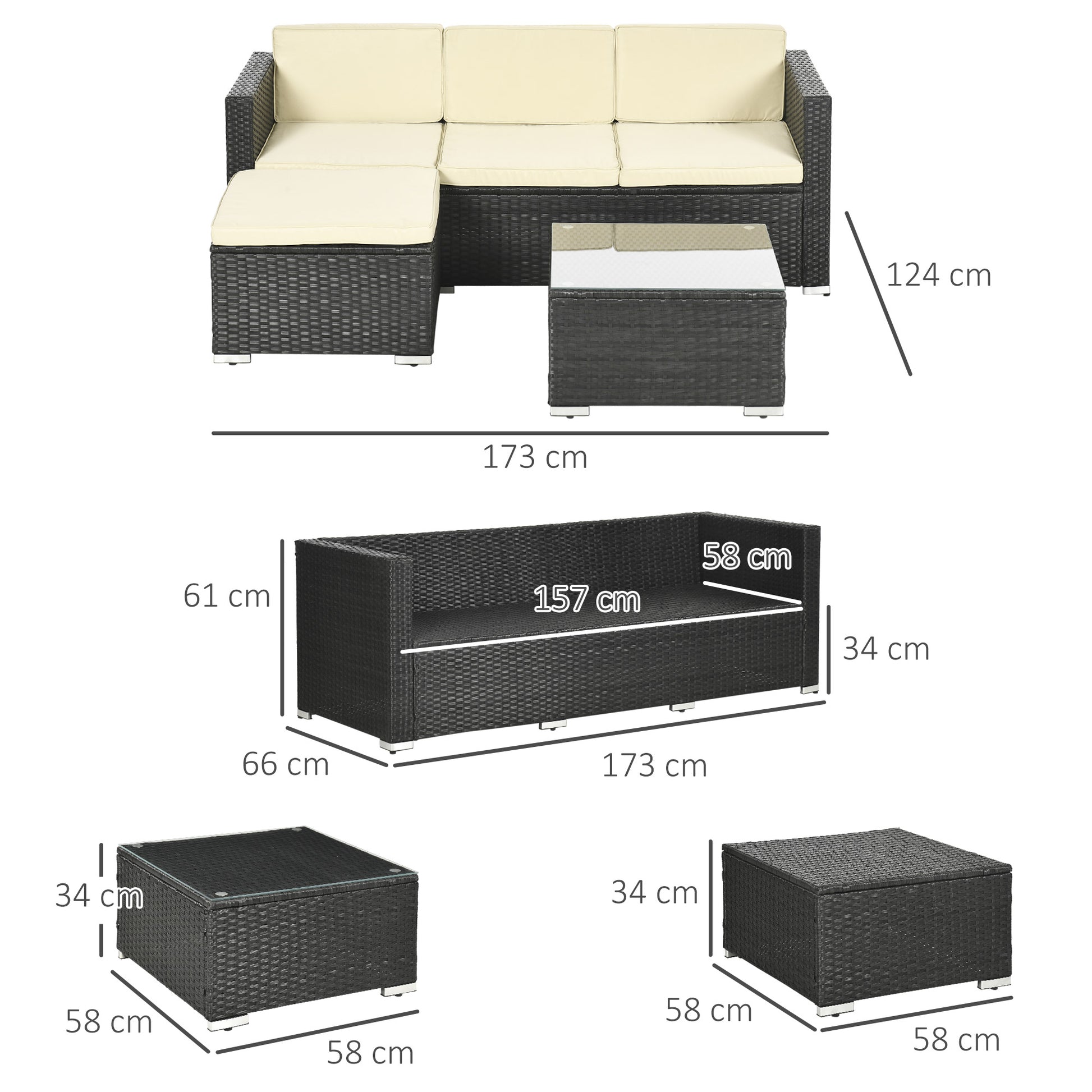 Outsunny Conjunto de Muebles de Ratán de Jardín 3 Piezas Muebles de Ratán Exterior Sofá de 3 Plazas con Cojines Acolchados Mesa de Centro con Tablero de Vidrio Templado y Reposapiés Anti-UV Negro