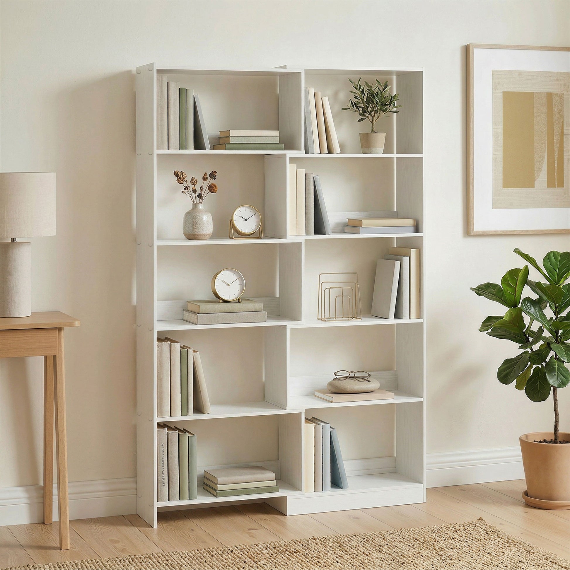 HOMCOM Estantería Expandible 5 Niveles, Librería para Libros Giratoria 350°, Ancho Ajustable, Convertible en en L, Recta o Compacta para Salón, Dormitorio, Estudio 111,5x23,8x163,7 cm Blanco