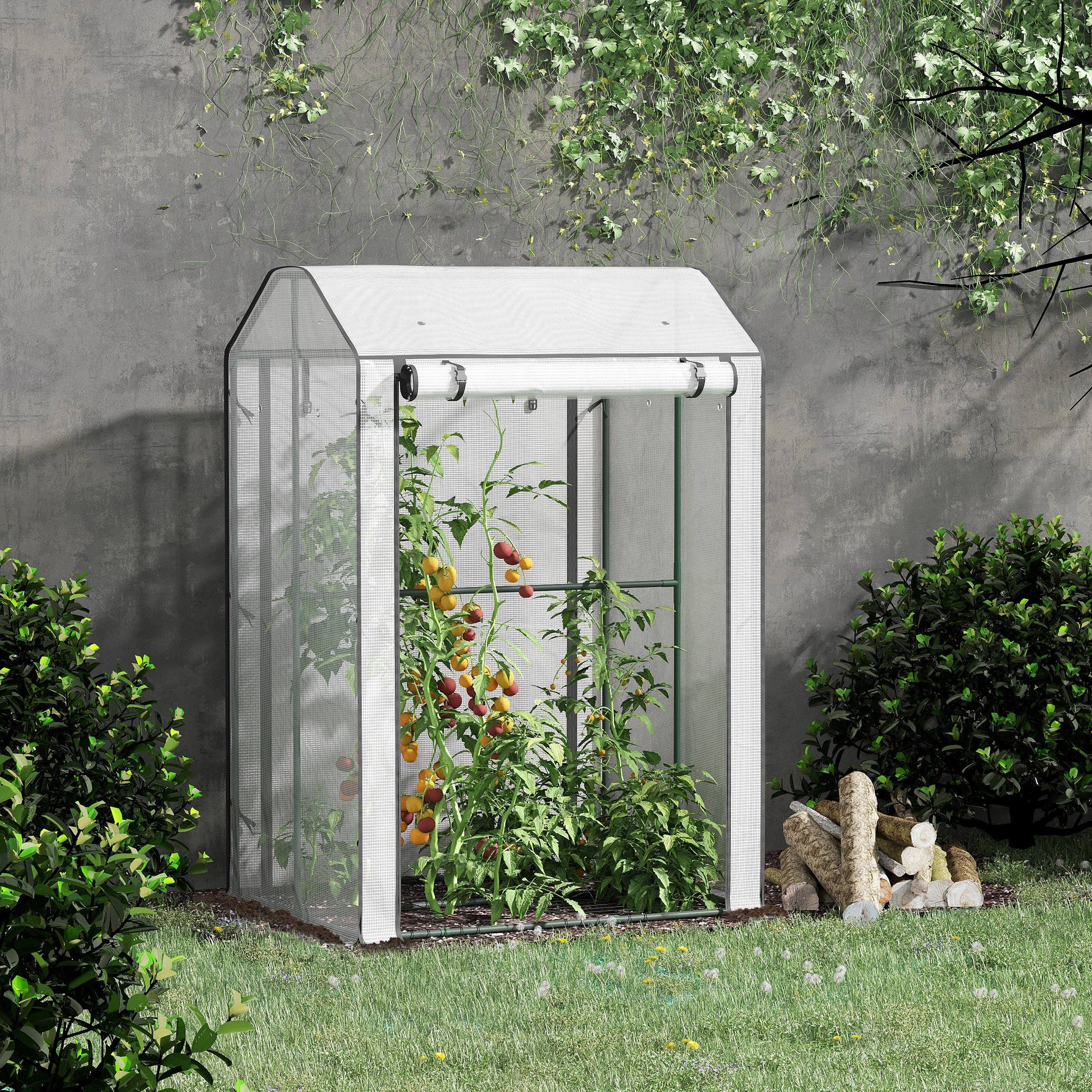 Outsunny Invernadero de Jardín Vivero Casero con Puerta Enrollable Cubierta de PE y Marco de Metal para Cultivos Plantas Tomates Terraza Patio 100x80x150 cm Transparente Blanco