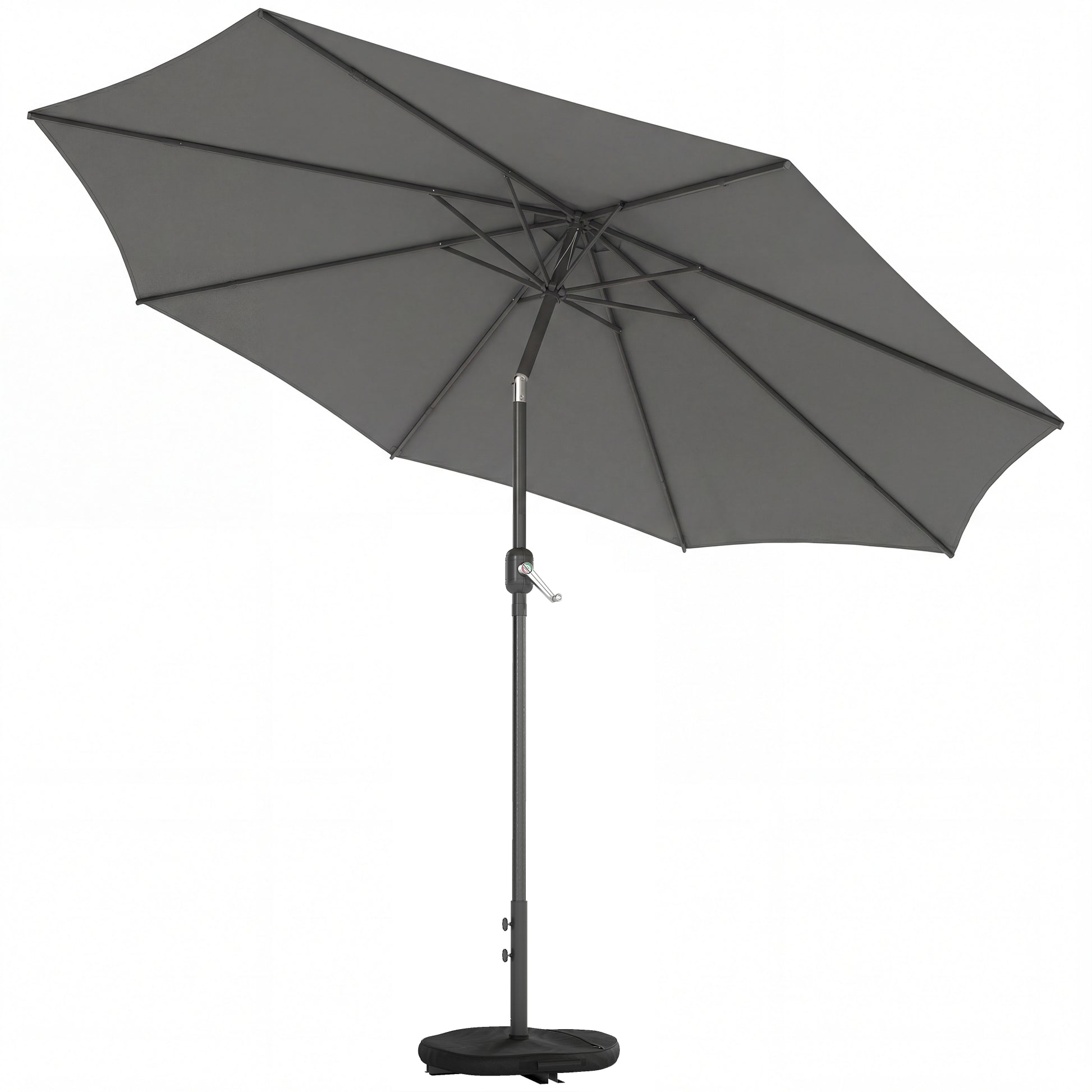 Outsunny Sombrilla Terraza Exterior, 3x3 m, Sombrilla de Jardín con Base, Bolsa de Arena, Manivela, Inclinación Ajustable, Costillas Retráctiles, Parasol para Patio, Terraza, Gris Oscuro