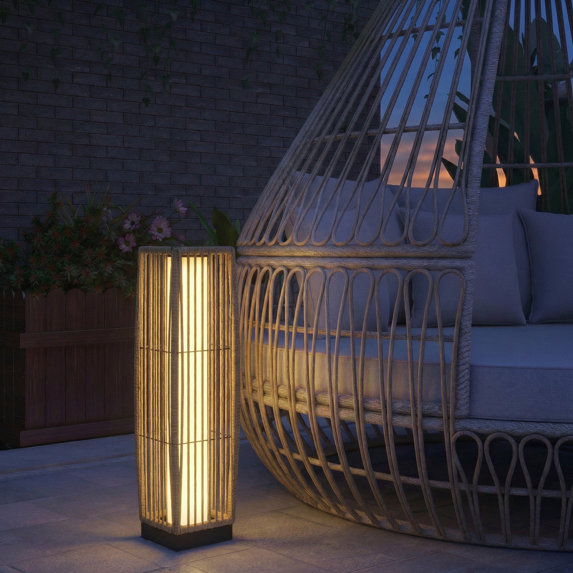 Outsunny Linterna de Jardín de Ratán, Farola Solar Exterior con Luces LED Encendido y Apagado Automático, Impermeable, IP44, Lámpara de pie para Terraza, Balcón, Patio, 19x19x68 cm, Arena