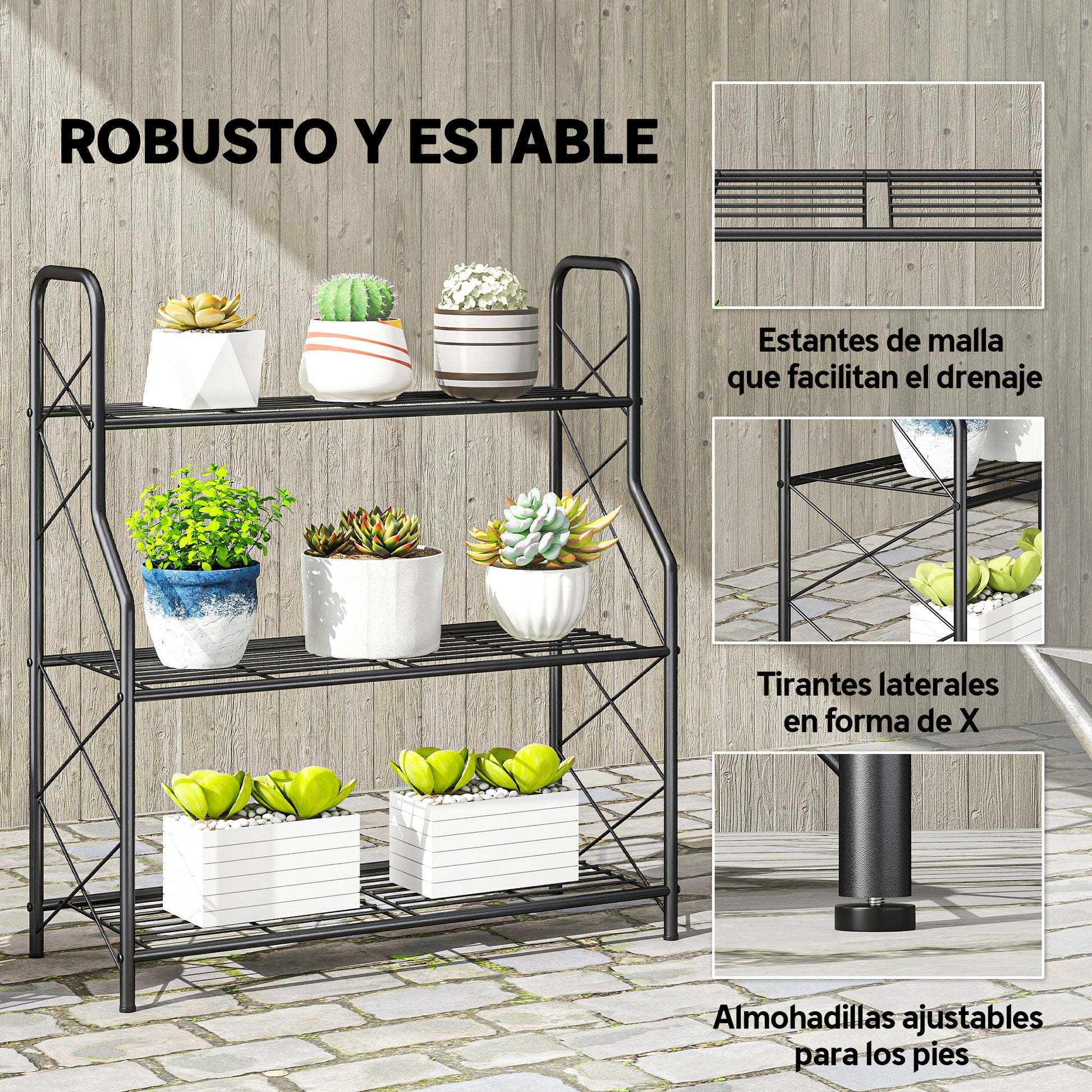 Outsunny Soporte para Plantas de 3 Niveles para Interior y Exterior, Estantería para Plantas de Metal con Patas Ajustables y Asas, Resistente y Estable, para Macetas, Patio, Jardín, Balcón, Negro