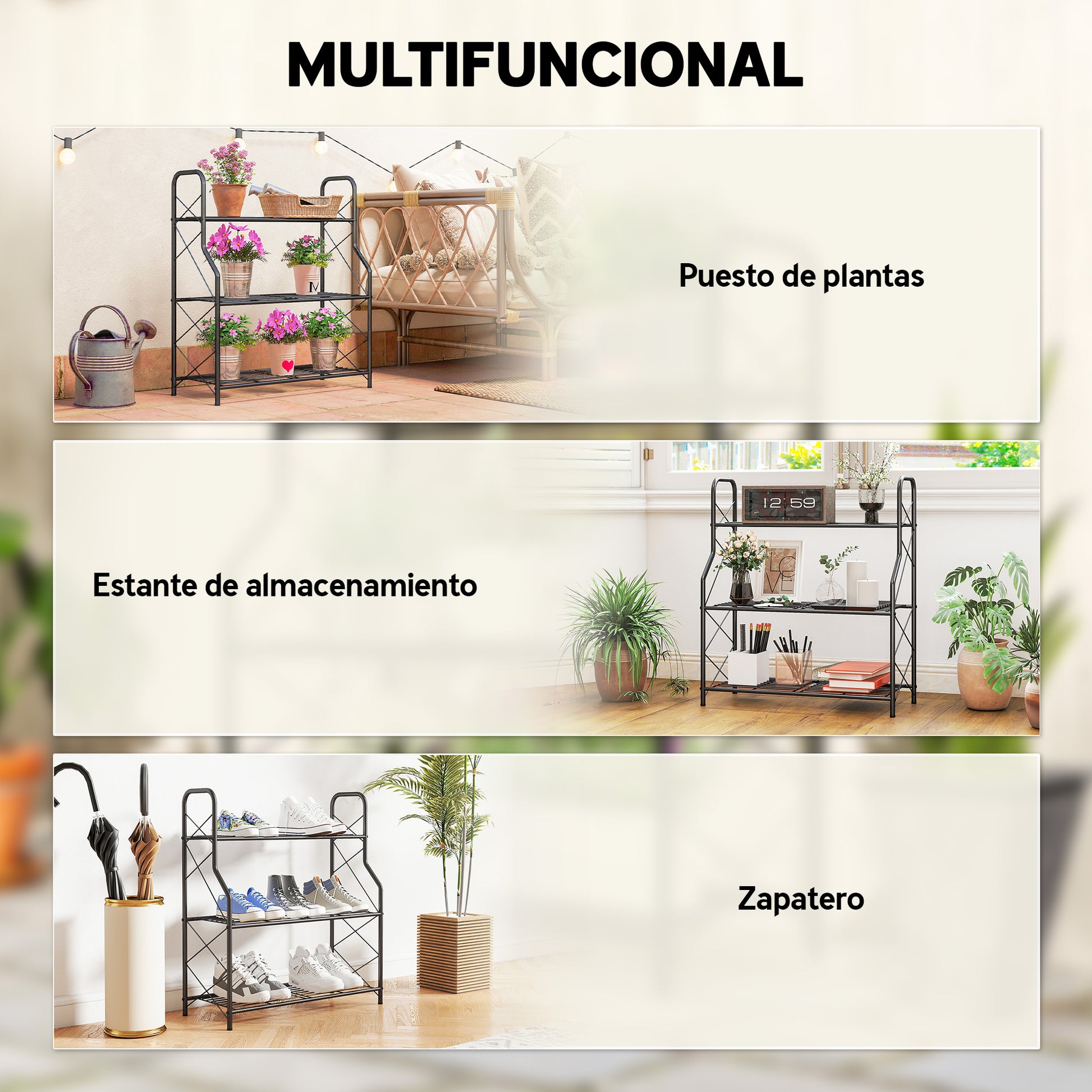 Outsunny Soporte para Plantas de 3 Niveles para Interior y Exterior, Estantería para Plantas de Metal con Patas Ajustables y Asas, Resistente y Estable, para Macetas, Patio, Jardín, Balcón, Negro