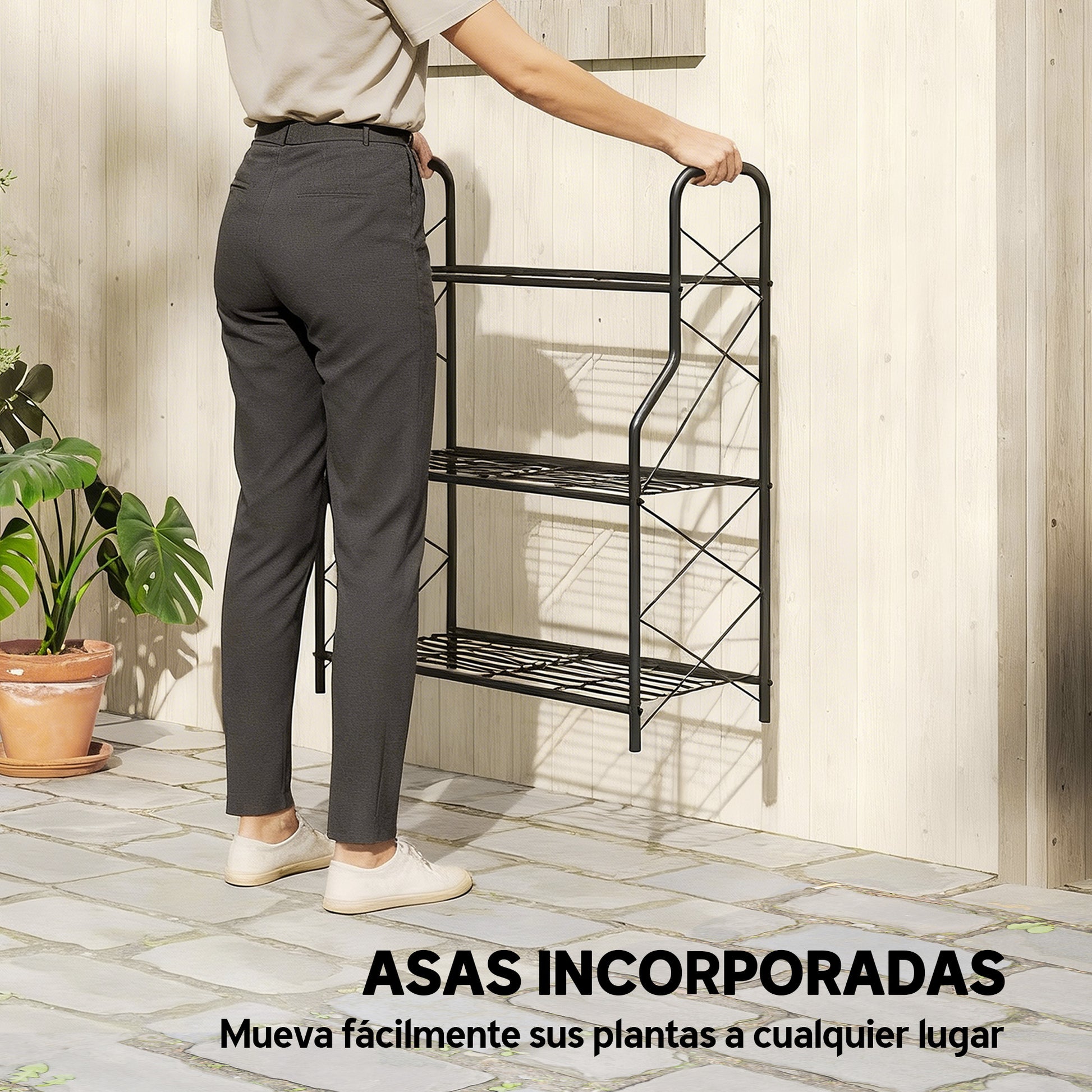 Outsunny Soporte para Plantas de 3 Niveles para Interior y Exterior, Estantería para Plantas de Metal con Patas Ajustables y Asas, Resistente y Estable, para Macetas, Patio, Jardín, Balcón, Negro