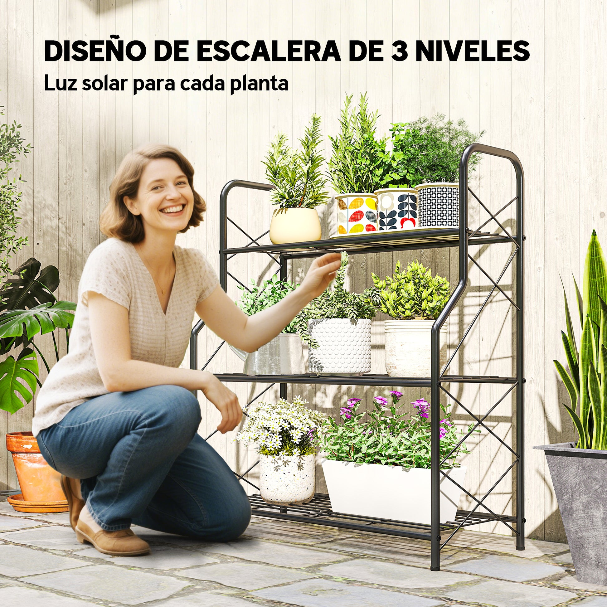 Outsunny Soporte para Plantas de 3 Niveles para Interior y Exterior, Estantería para Plantas de Metal con Patas Ajustables y Asas, Resistente y Estable, para Macetas, Patio, Jardín, Balcón, Negro