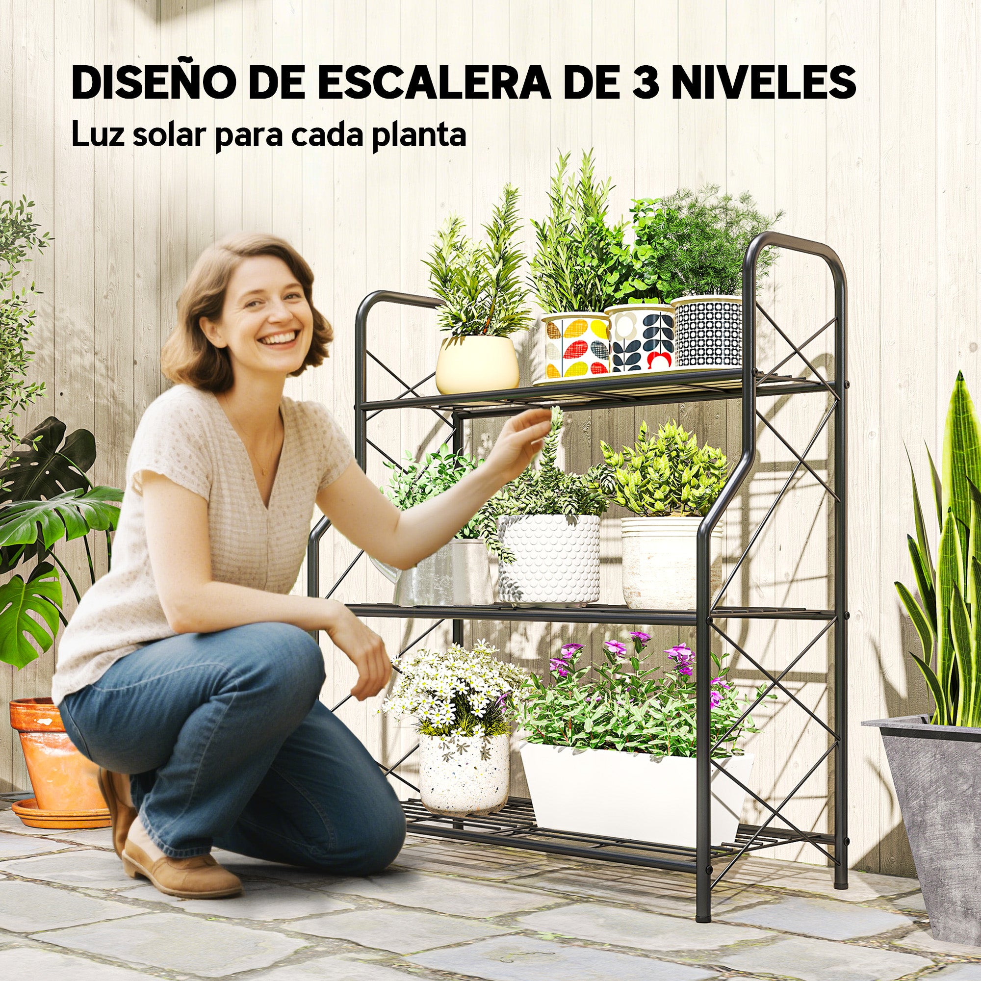 Outsunny Soporte para Plantas de 3 Niveles para Interior y Exterior, Estantería para Plantas de Metal con Patas Ajustables y Asas, Resistente y Estable, para Macetas, Patio, Jardín, Balcón, Negro
