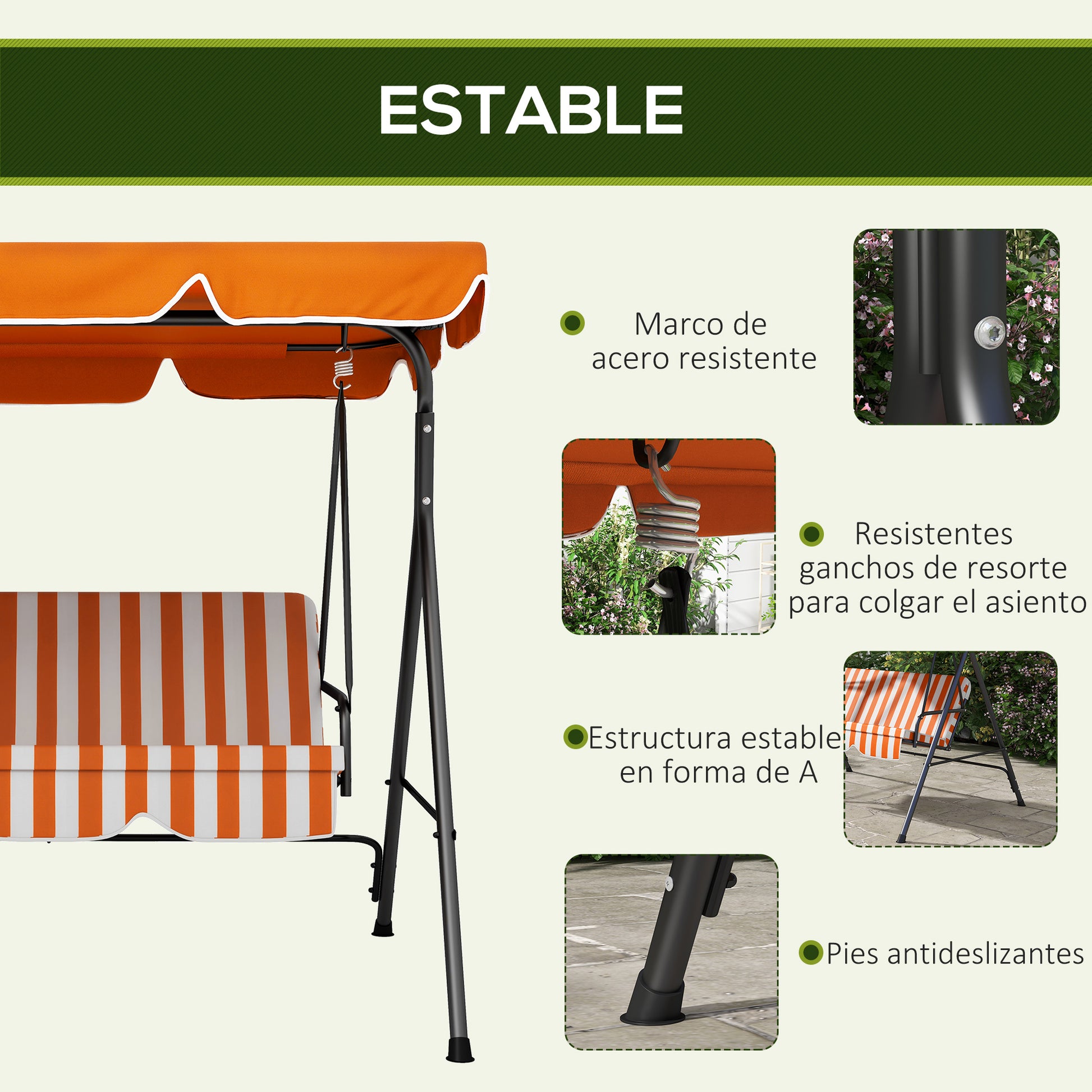 Outsunny Columpio de Jardín Exterior de 3 Plazas, Balancín de Jardín Exterior con Techo Ajustable y Marco de Acero, para Balcón, Terraza, Patio, Carga 200 kg, 172x110x153 cm, Naranja