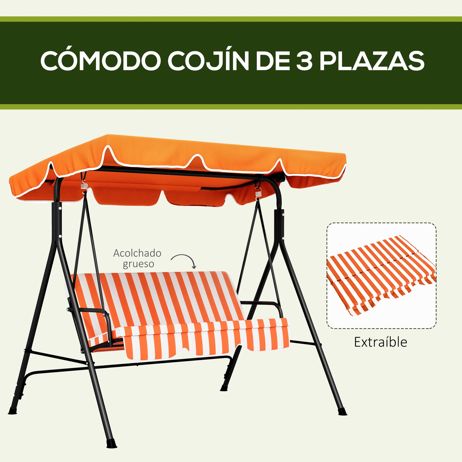 Outsunny Columpio de Jardín Exterior de 3 Plazas, Balancín de Jardín Exterior con Techo Ajustable y Marco de Acero, para Balcón, Terraza, Patio, Carga 200 kg, 172x110x153 cm, Naranja