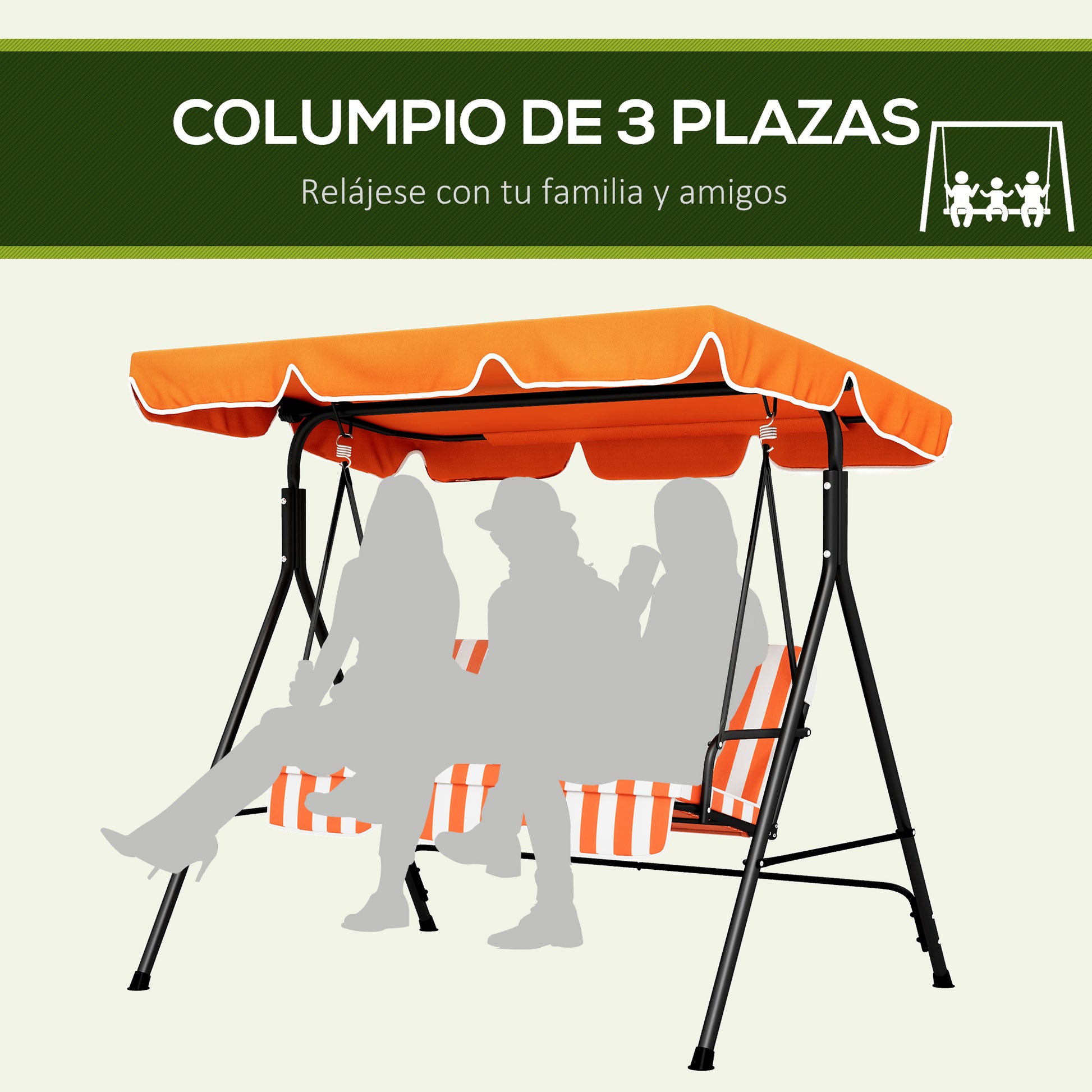 Outsunny Columpio de Jardín Exterior de 3 Plazas, Balancín de Jardín Exterior con Techo Ajustable y Marco de Acero, para Balcón, Terraza, Patio, Carga 200 kg, 172x110x153 cm, Naranja