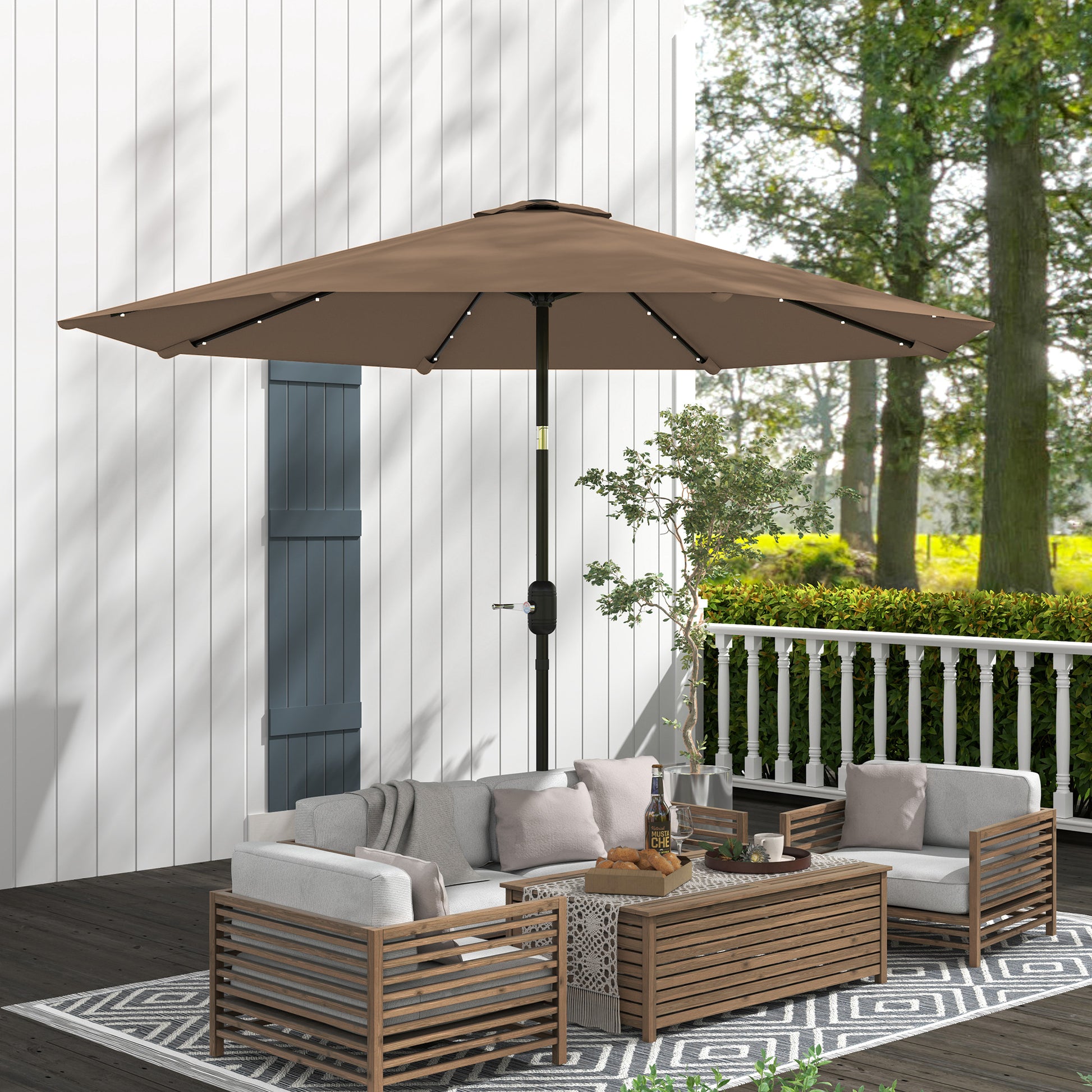 Outsunny Sombrilla Terraza Exterior, Ø265 cm, Sombrilla de Jardín con 32 Luces LED Solares, Poste de Acero y Manivela de Parasol Inclinable, para Patio, Terraza, Caqui