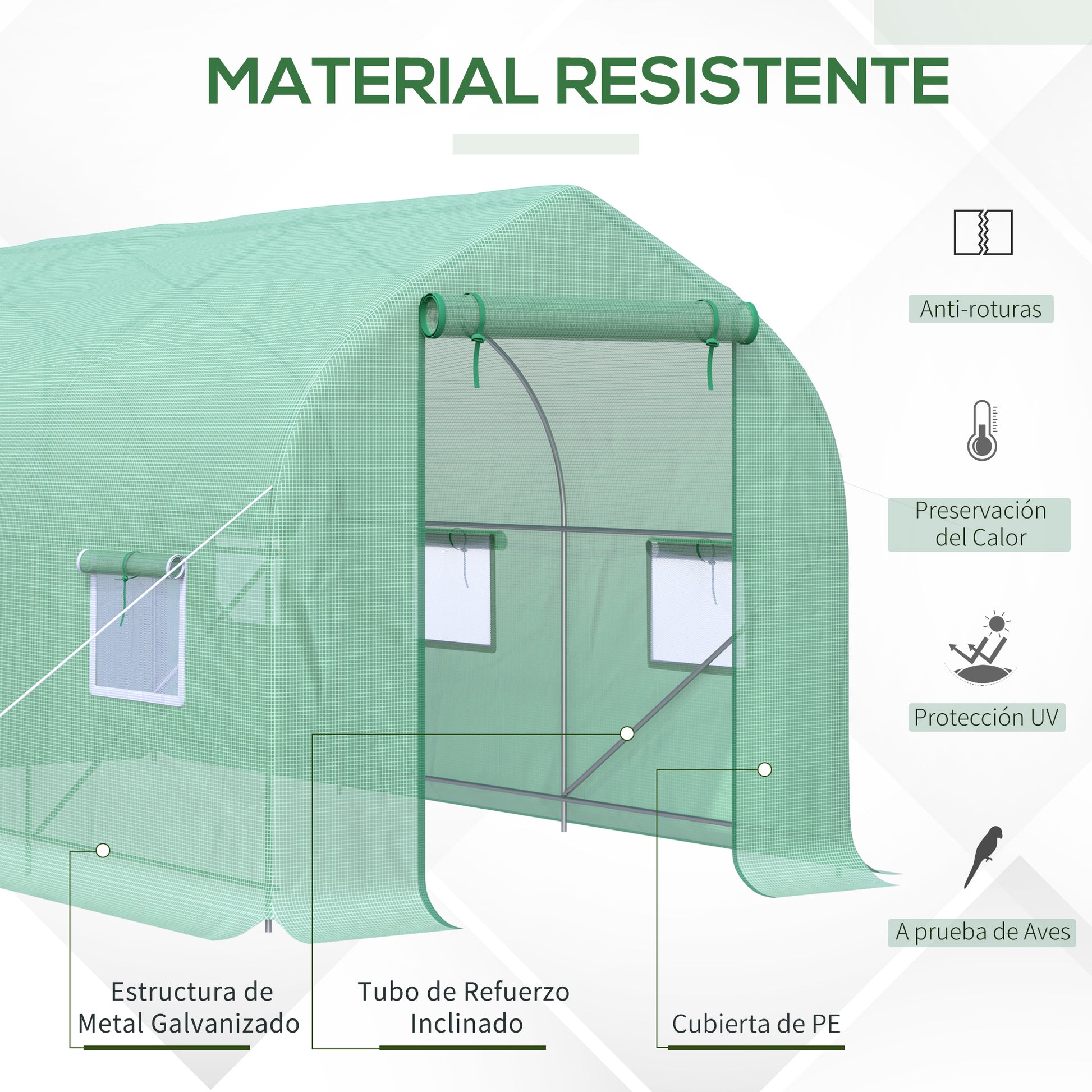 Outsunny Invernadero de Jardín 4x2x2 m Invernadero de Túnel con 6 Ventanas Transpirables y Puerta Enrollable con Cremallera Huerto para Cultivo Plantas Verduras Verde
