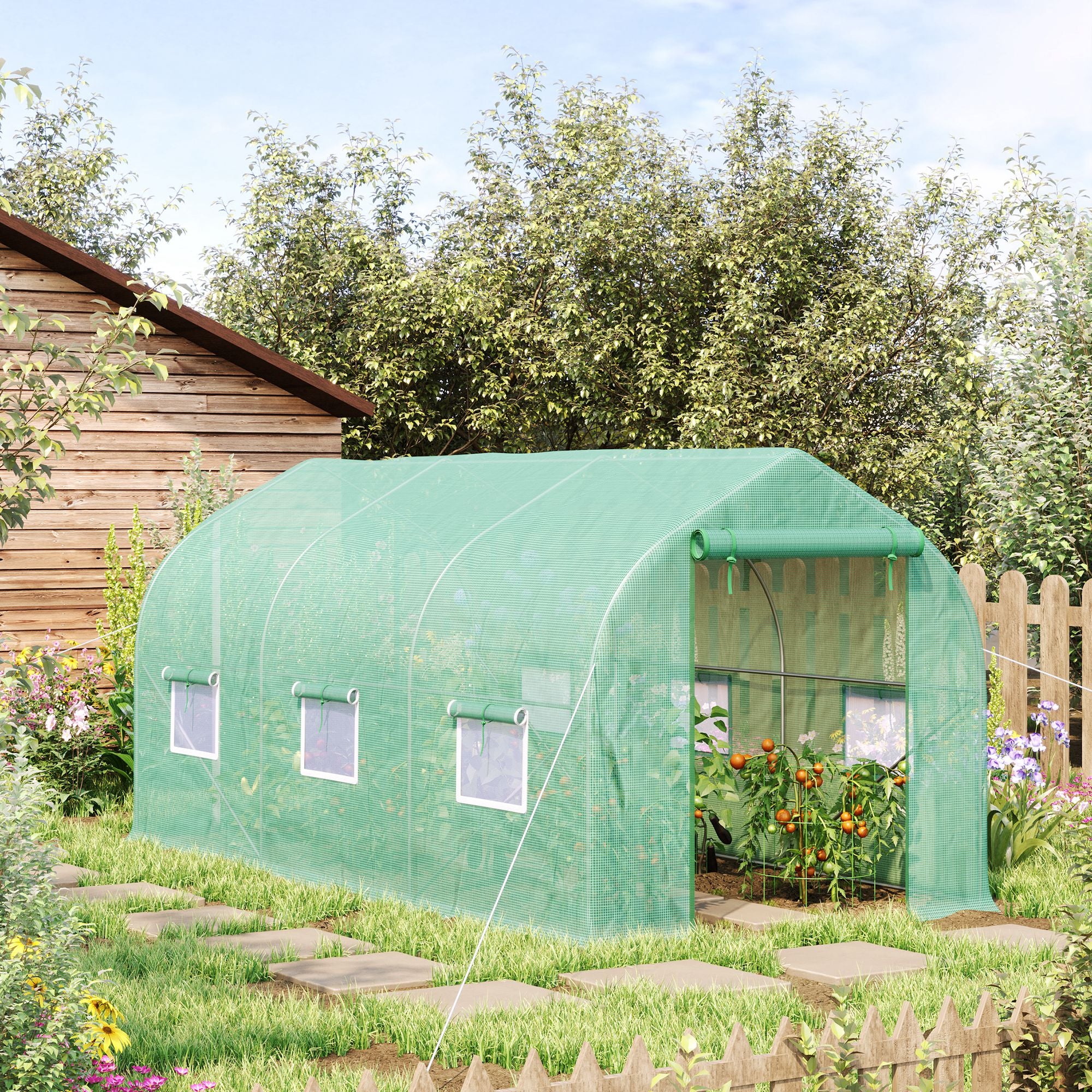 Outsunny Invernadero de Jardín 4x2x2 m Invernadero de Túnel con 6 Ventanas Transpirables y Puerta Enrollable con Cremallera Huerto para Cultivo Plantas Verduras Verde