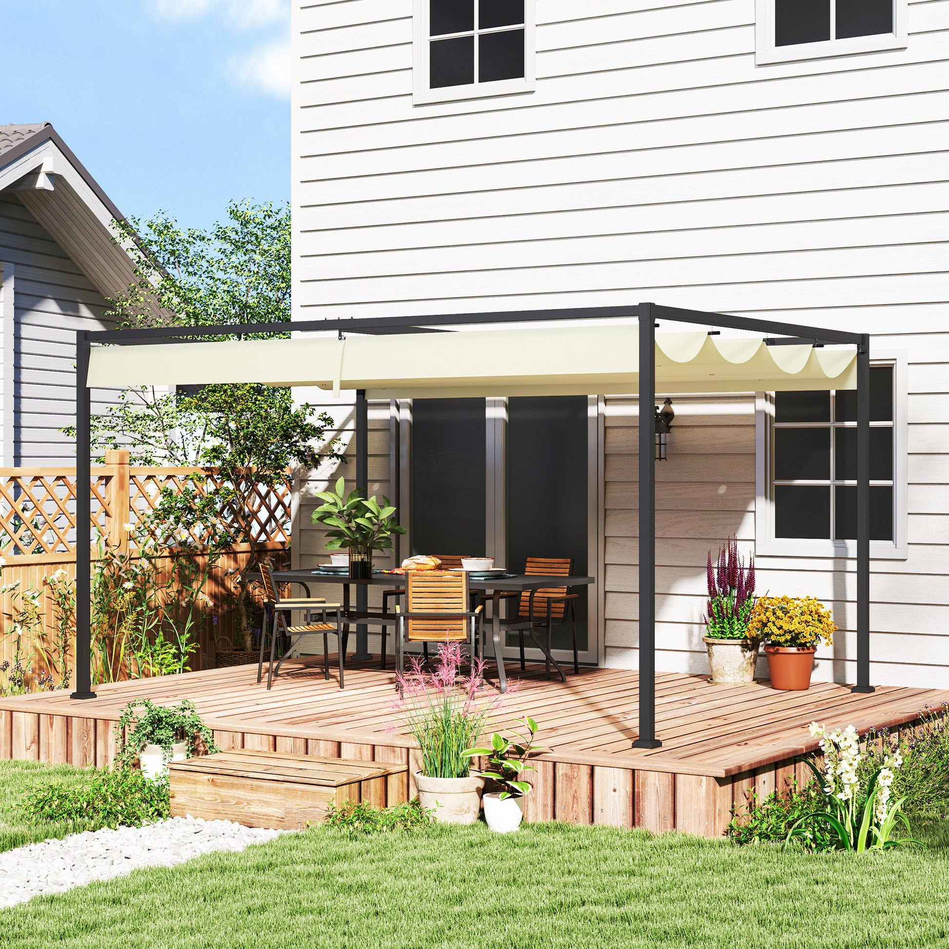 Outsunny Pérgola 4x3 m Cenador de Jardín Pabellón de Diseño Elegante con Techo Retráctil de Poliéster con Recubrimiento Resistente Anti-UV Impermeable para Celebraciones Fiestas Bodas Crema