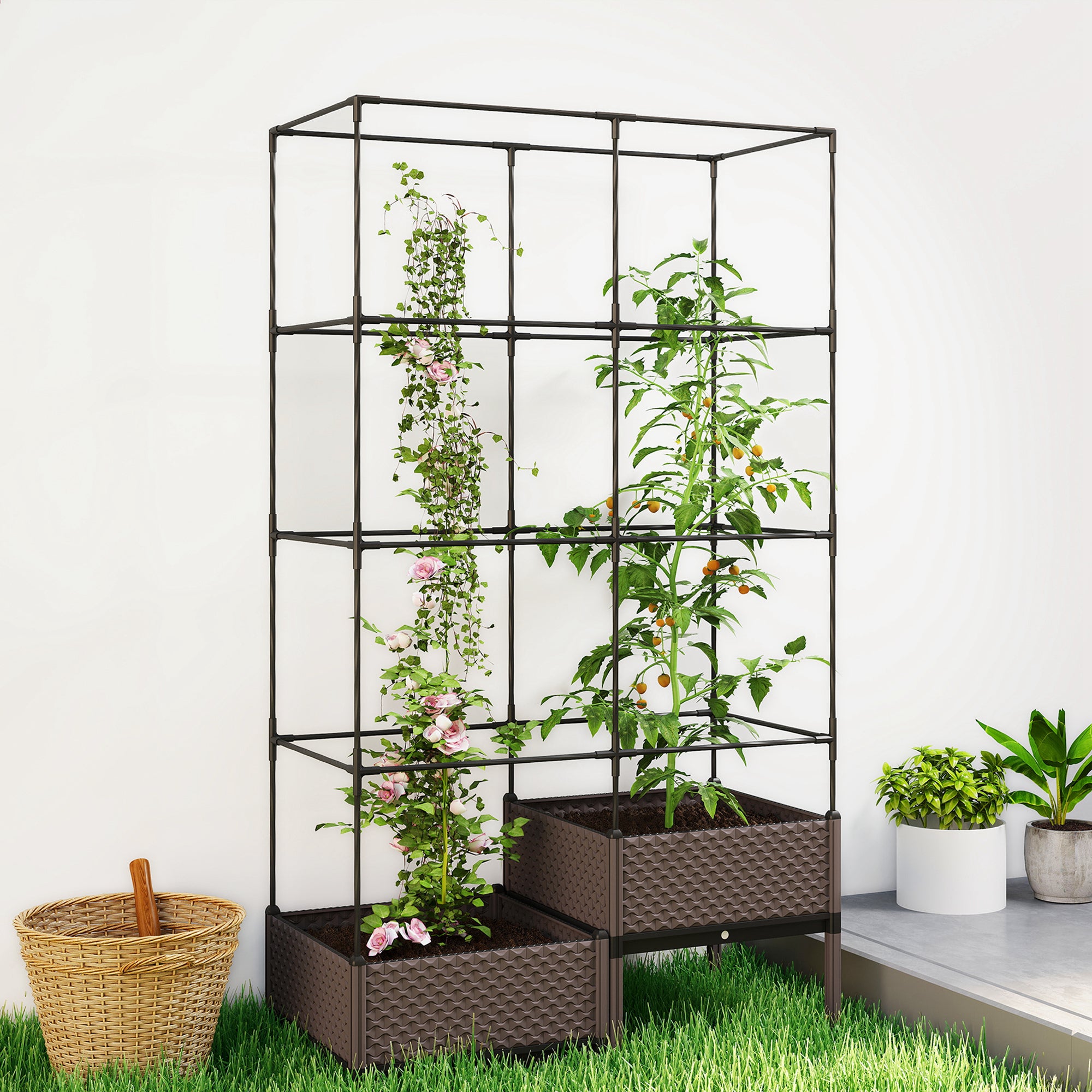 Outsunny Jardinera con Enrejado Metálico, Jardinera Exterior Grande para Plantas Trepadoras, 2 Macetas de PP con Orificios de Drenaje, Tapones, Macetero Elevado para Jardín Patio, 100x50x174 cm, Negro