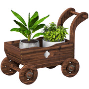 Outsunny Carretilla de Madera Decorativa, Jardinera Elevada con 4 Ruedas, Asa, Orificios de Drenaje, Macetero Exterior para Cultivos de Plantas, Flores en Terraza, Jardín, 68x38x52 cm, Carbonizado