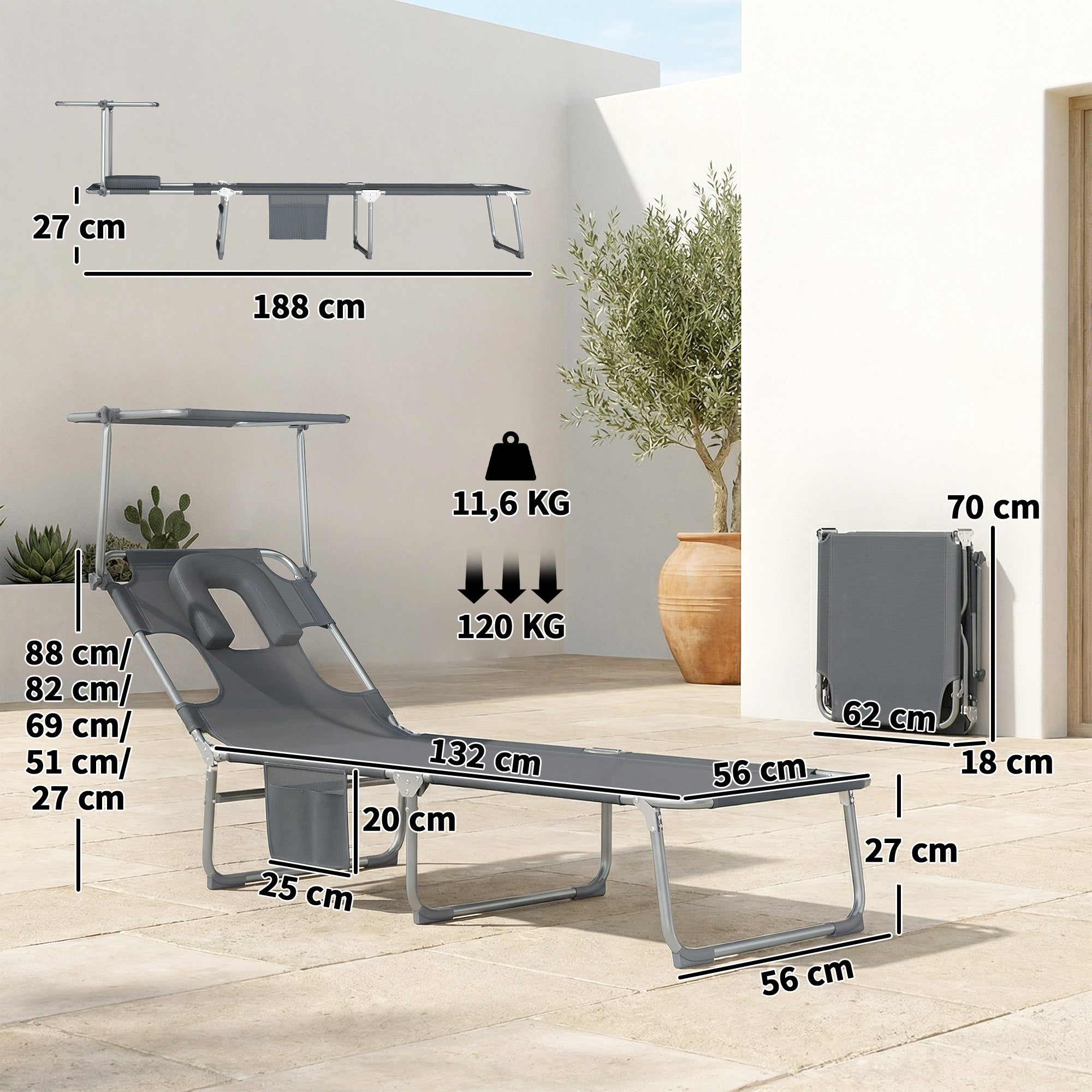 Outsunny Set de 2 Tumbonas Jardín Exterior, Tumbonas Plegables con Reposacabezas, Dosel 360°, Orificio Facial, Bolsillo Lateral, Respaldo Reclinable 5 Posiciones y Textilene 550 g/m² para Playa, Gris