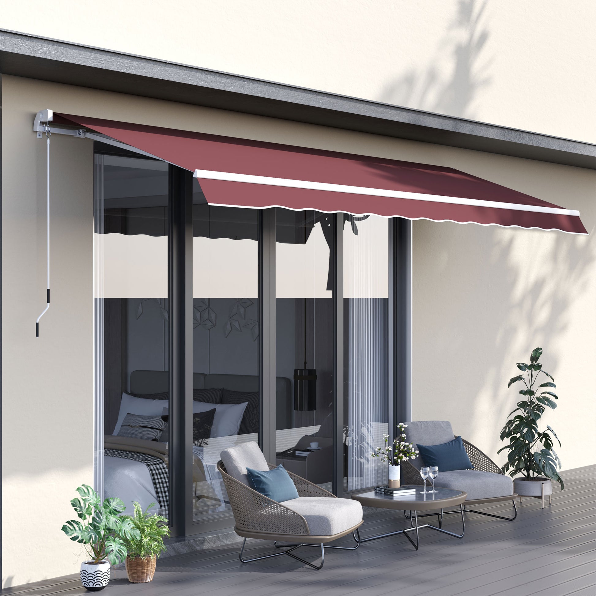 Outsunny Toldo Manual Retráctil 350x250 cm, Toldo Exterior Terraza con Ángulo Ajustable, Manivela, Estructura de Aluminio y Protección UV30+, para Jardín, Patio, Ventanas, Rojo Vino