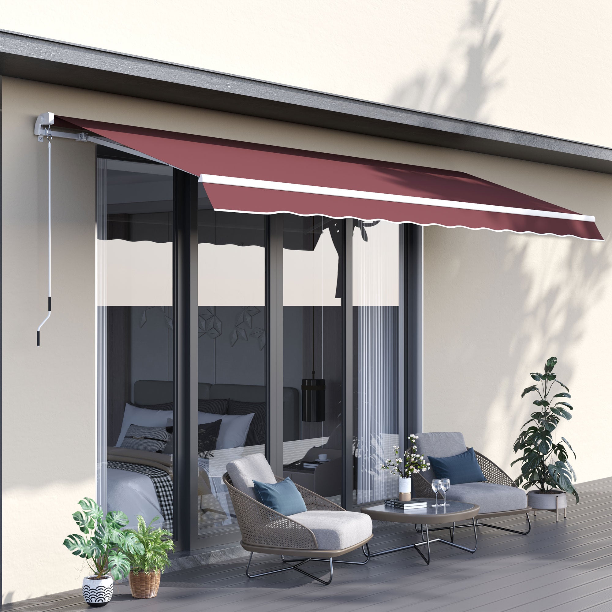 Outsunny Toldo Manual Retráctil 350x250 cm, Toldo Exterior Terraza con Ángulo Ajustable, Manivela, Estructura de Aluminio y Protección UV30+, para Jardín, Patio, Ventanas, Rojo Vino