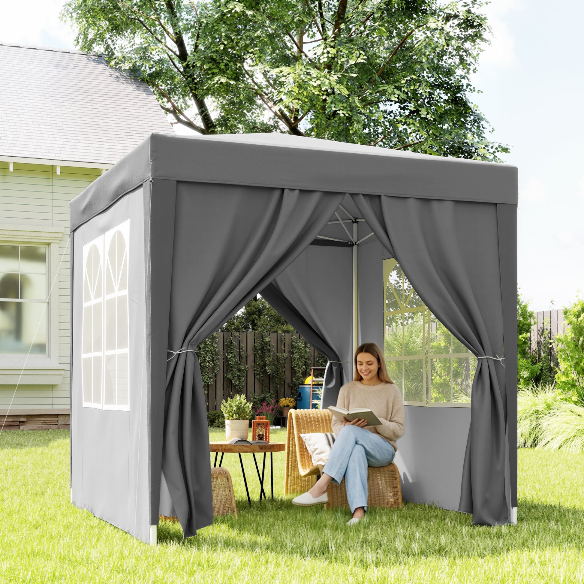 Outsunny Carpa Plegable Pop-up Gazebo 2x2 m Cenador Plegable con 4 Paredes Laterales Anti-UV y Bolsa de Transporte para Camping Fiestas Gris