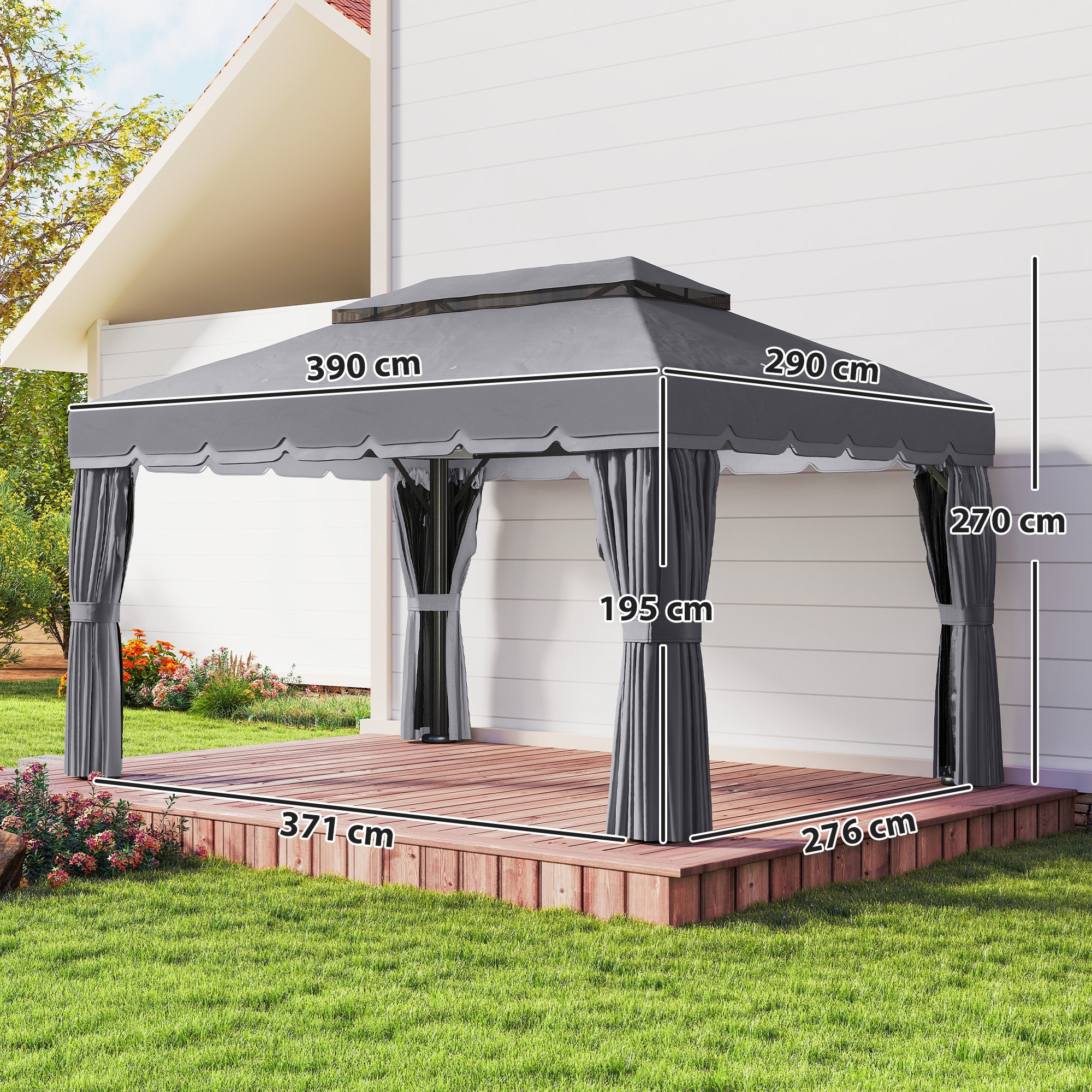 Outsunny Cenador de Jardín 4x3 m, Pabellón de Jardín Gazebo con Doble Techo, 4 Cortinas y Mosquitera, Marco de Aluminio, Orificios de Drenaje, UPF50+, Carpa para Exterior, Terraza, Patio, Gris Oscuro